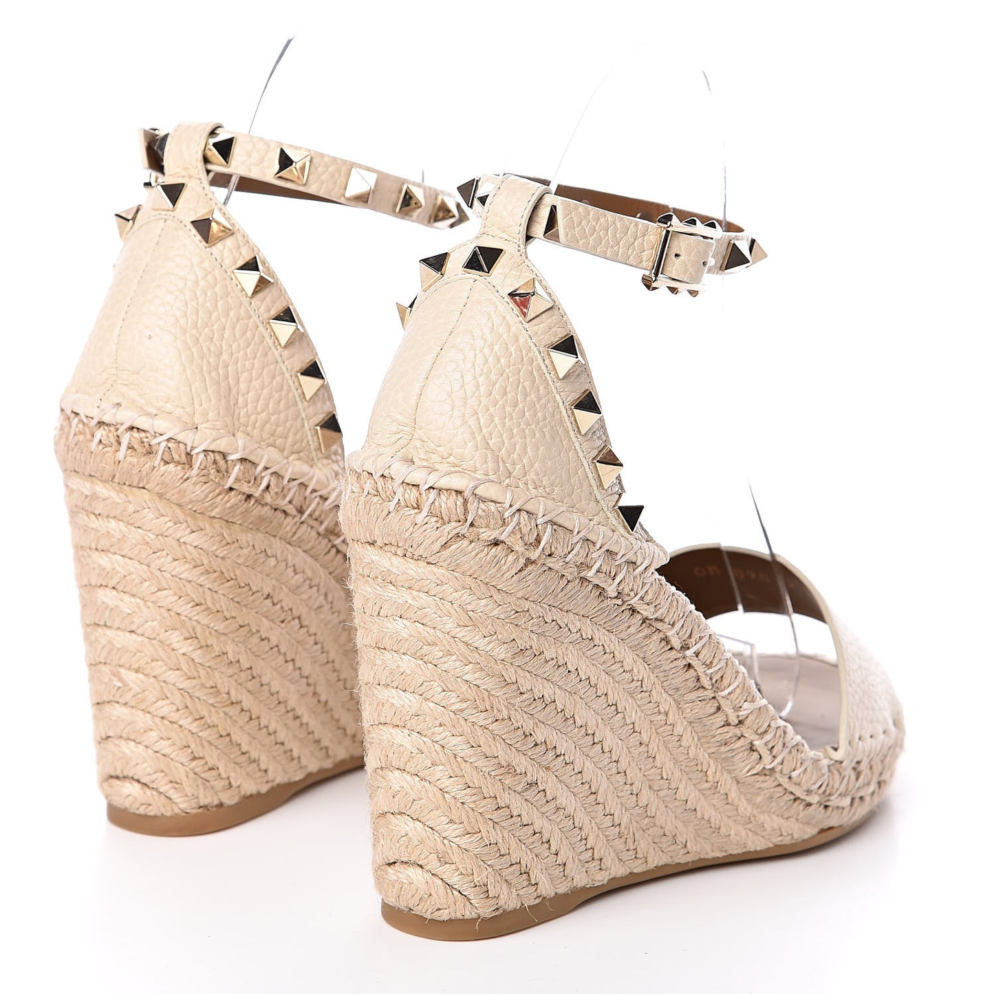 Grained Calfskin Rockstud Ankle Strap Espadrille 15/105mm Wedge Sandals 36 Light Ivory Natural