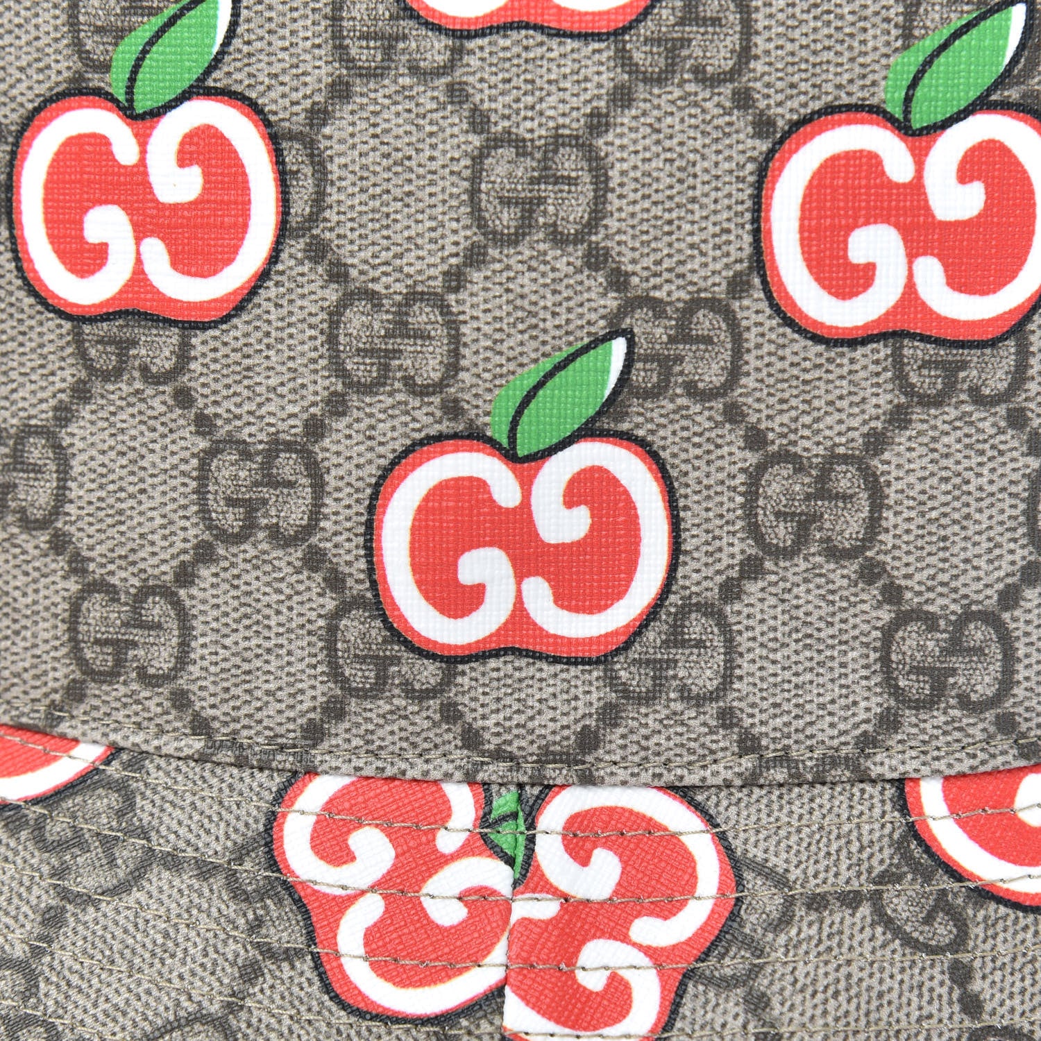 Gucci GG Supreme Monogram Apple Textured Dollar Calfskin Retro Interlocking G Fedora Pomme Bucket Hat L Beige Ebony Red 5 of 7