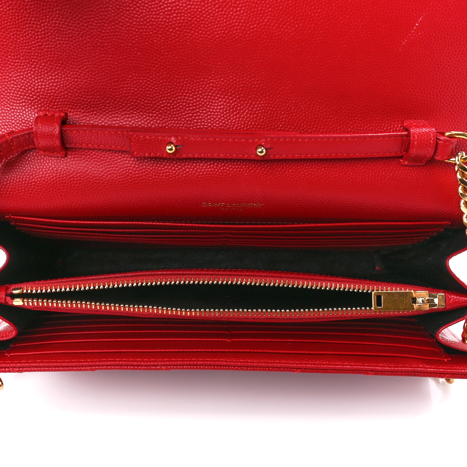 Saint Laurent Grain De Poudre Matelasse Chevron Monogram Chain Wallet New Red 4 of 10