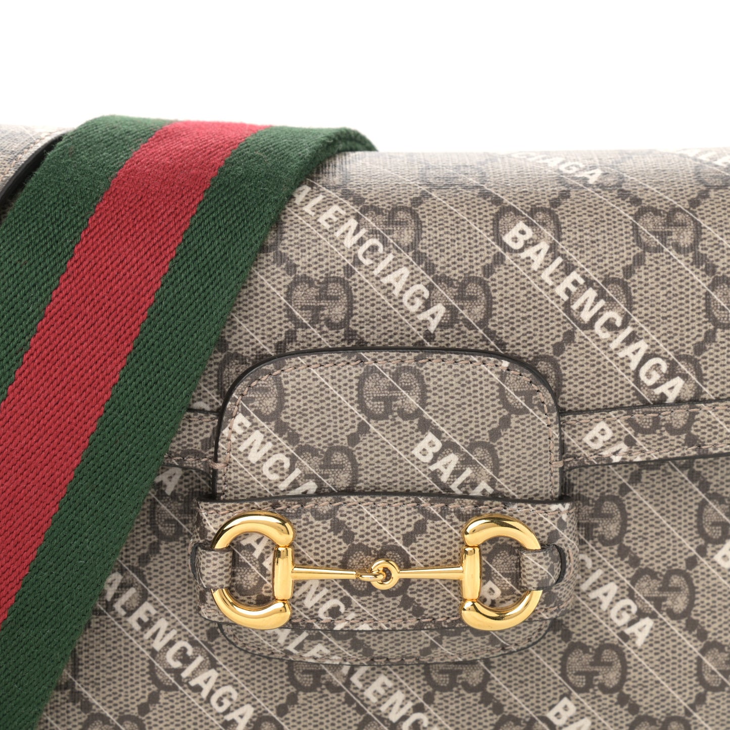 X BALENCIAGA GG Supreme Monogram Web Logo Print Mini Horsebit 1955 Shoulder Bag Beige Ebony