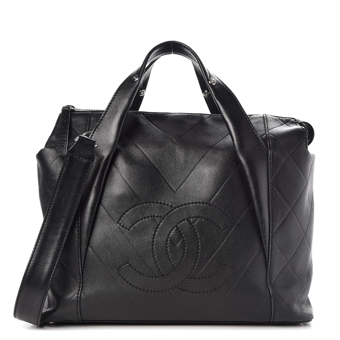 Calfskin CC Chevron All Day Long Tote Black