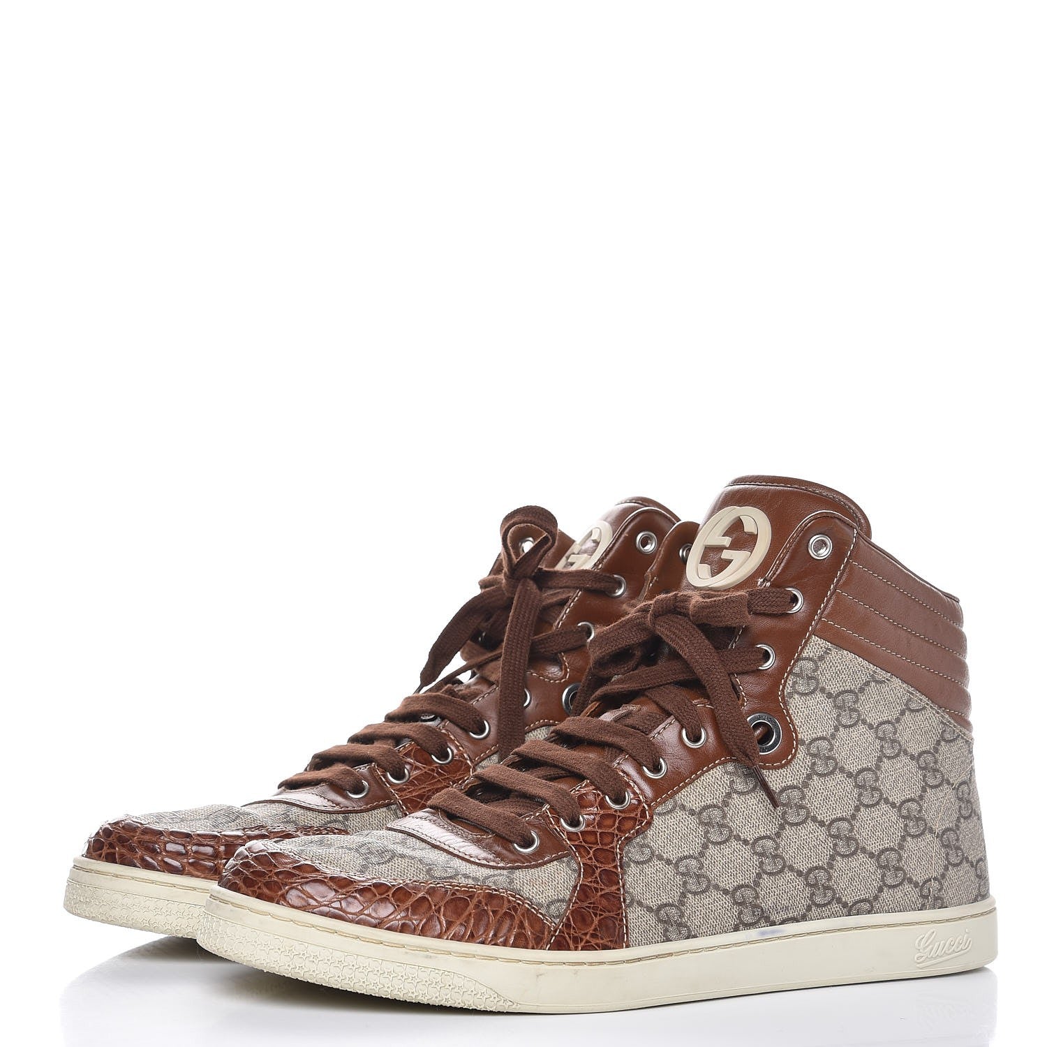 Gucci GG Plus Monogram Calfskin Crocodile Embossed Mens Coda High Top Sneakers 11.5 Brown 3 of 15