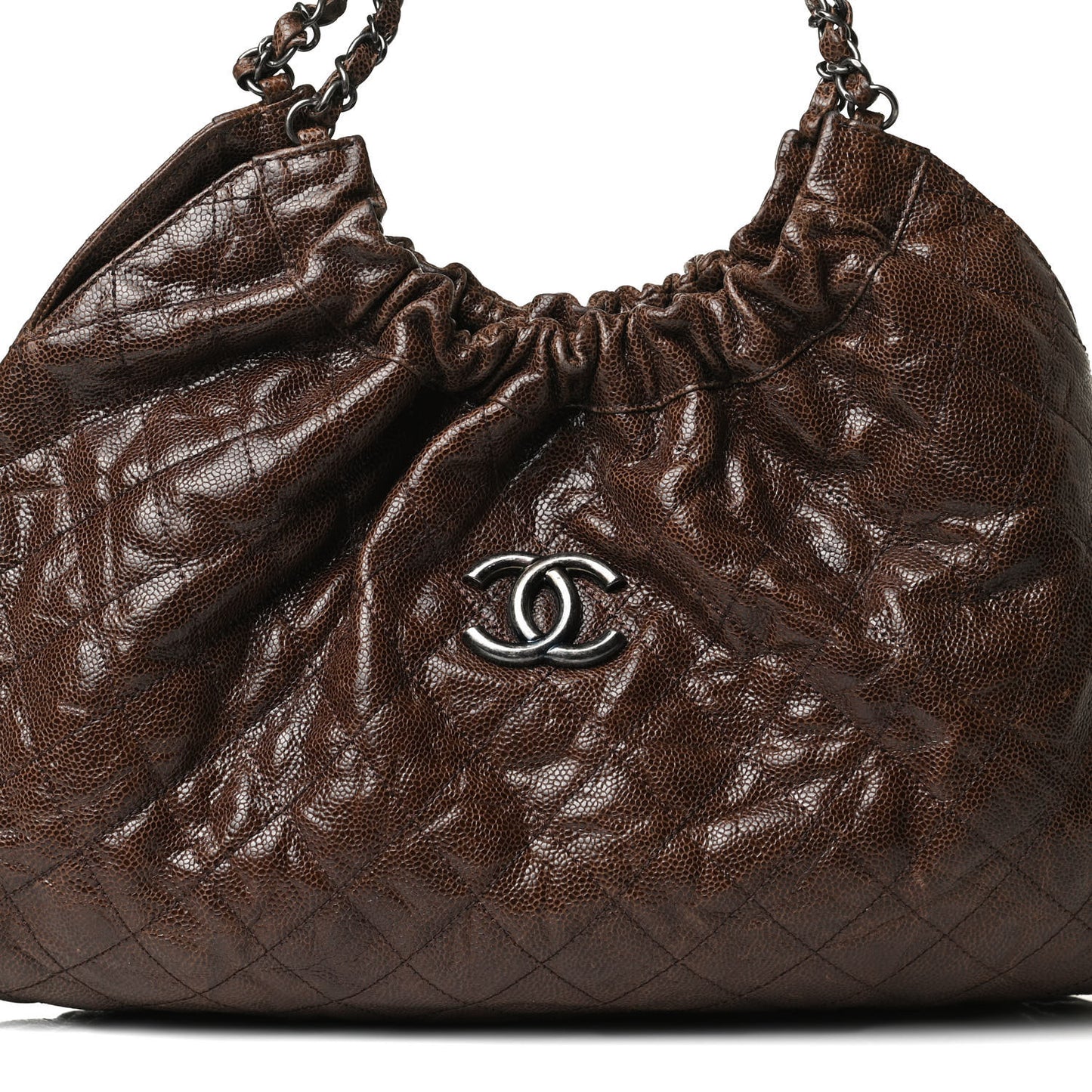 Distressed Glazed Caviar Quilted Medium Elastic Tote Brown