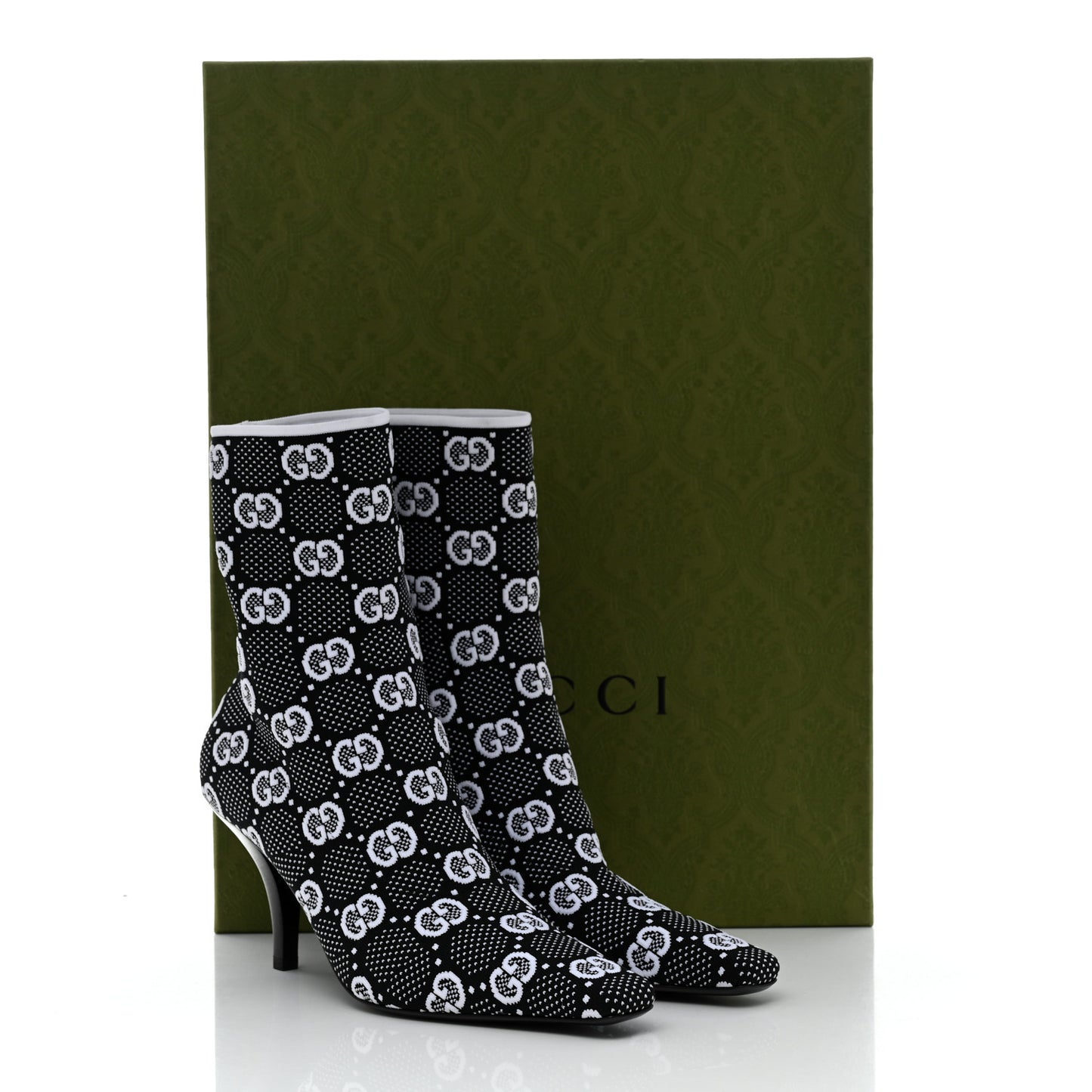 Technical Jersey Knit GG Monogram Square G 75mm Ankle Boots 38 Black Great White