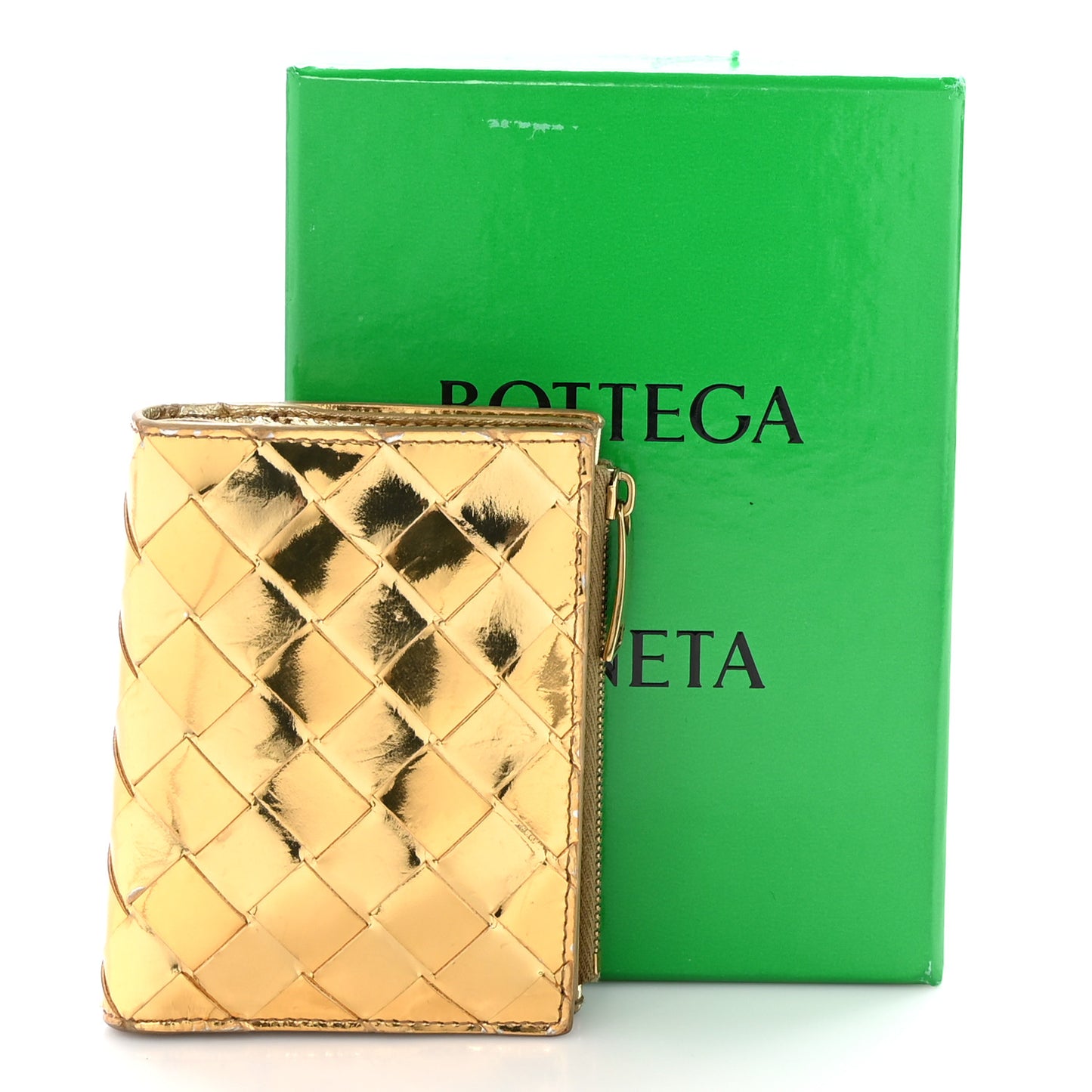Mirror Laminated Nappa Intrecciato Small Bi-Fold Zip Wallet Gold
