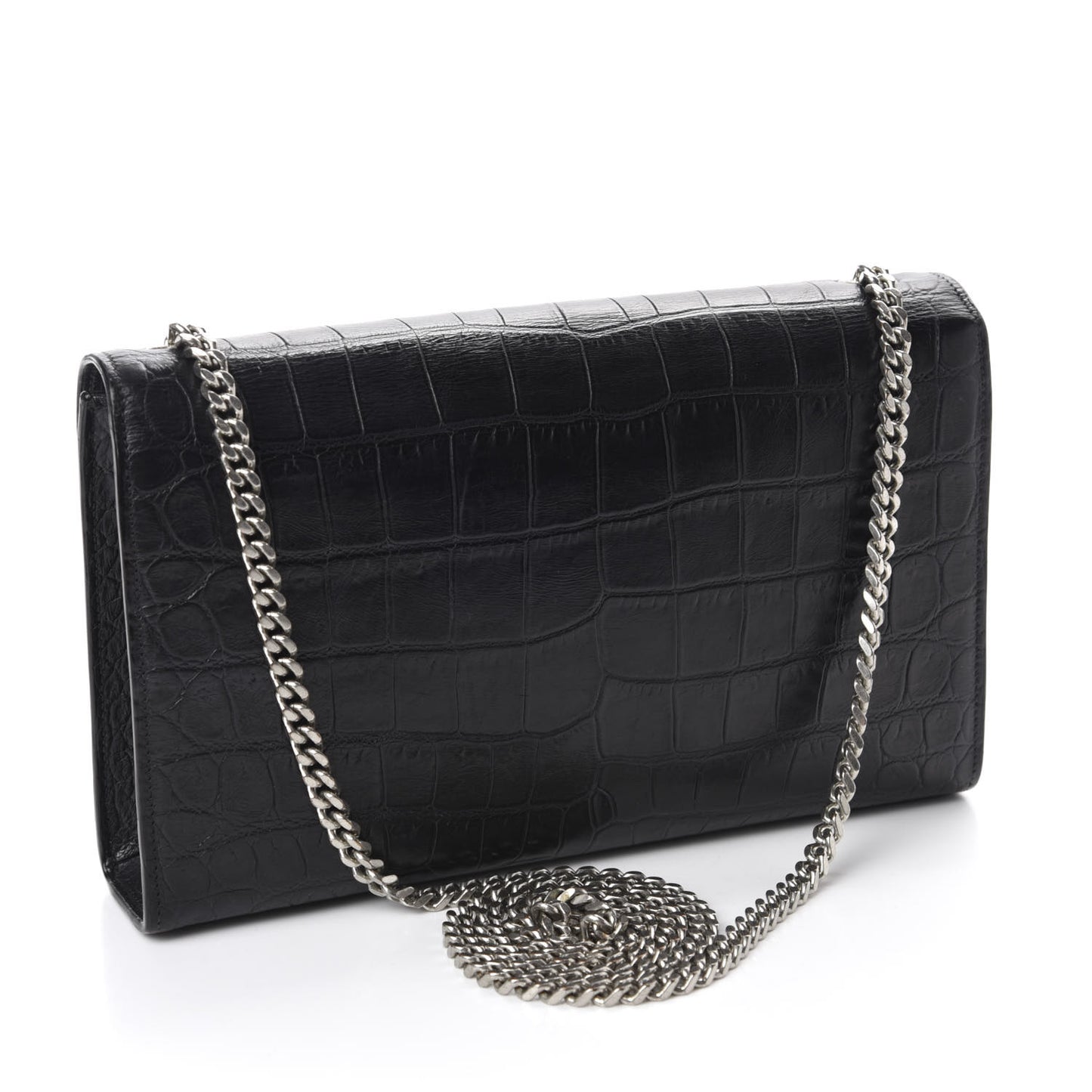 Calfskin Crocodile Embossed Medium Classic Monogram Kate Tassel Satchel Black