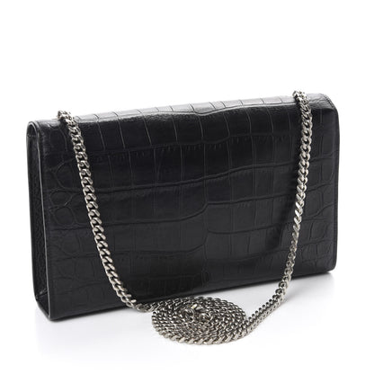 Saint Laurent Calfskin Crocodile Embossed Medium Classic Monogram Kate Tassel Satchel Black 3 of 11