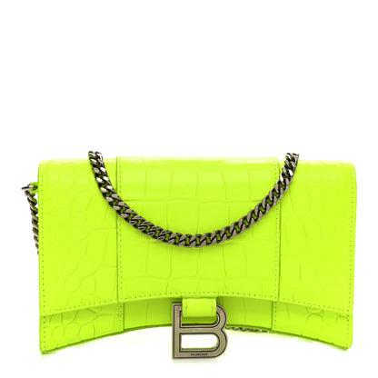 Balenciaga Shiny Calfskin Crocodile Embossed Hourglass Chain Bag Fluo Yellow 1 of 10