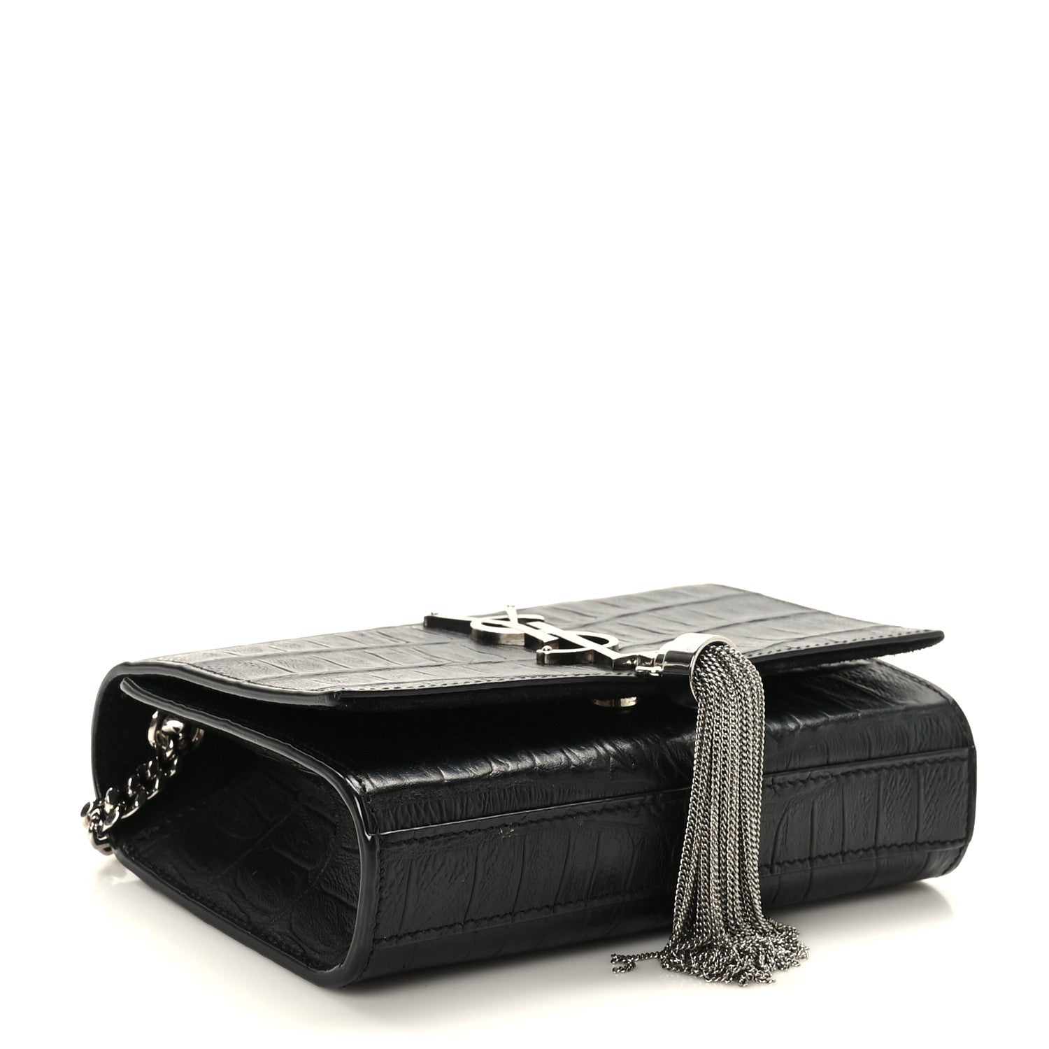 Saint Laurent Calfskin Crocodile Embossed Small Classic Monogram Kate Tassel Satchel Black 4 of 8