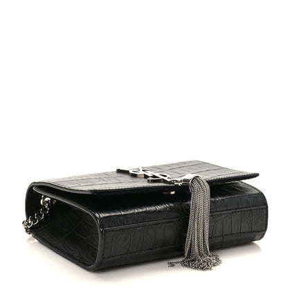 Saint Laurent Calfskin Crocodile Embossed Small Classic Monogram Kate Tassel Satchel Black 4 of 8