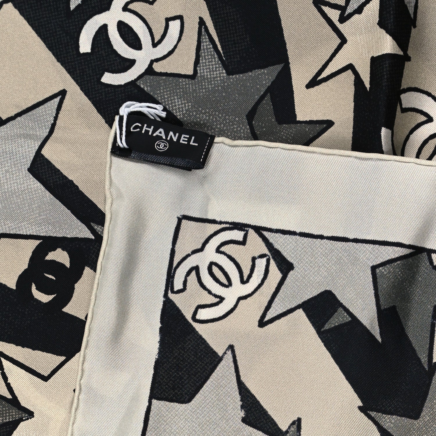 Chanel Silk CC Comics Square Scarf Light Beige Black Grey Light Grey Ecru 3 of 3