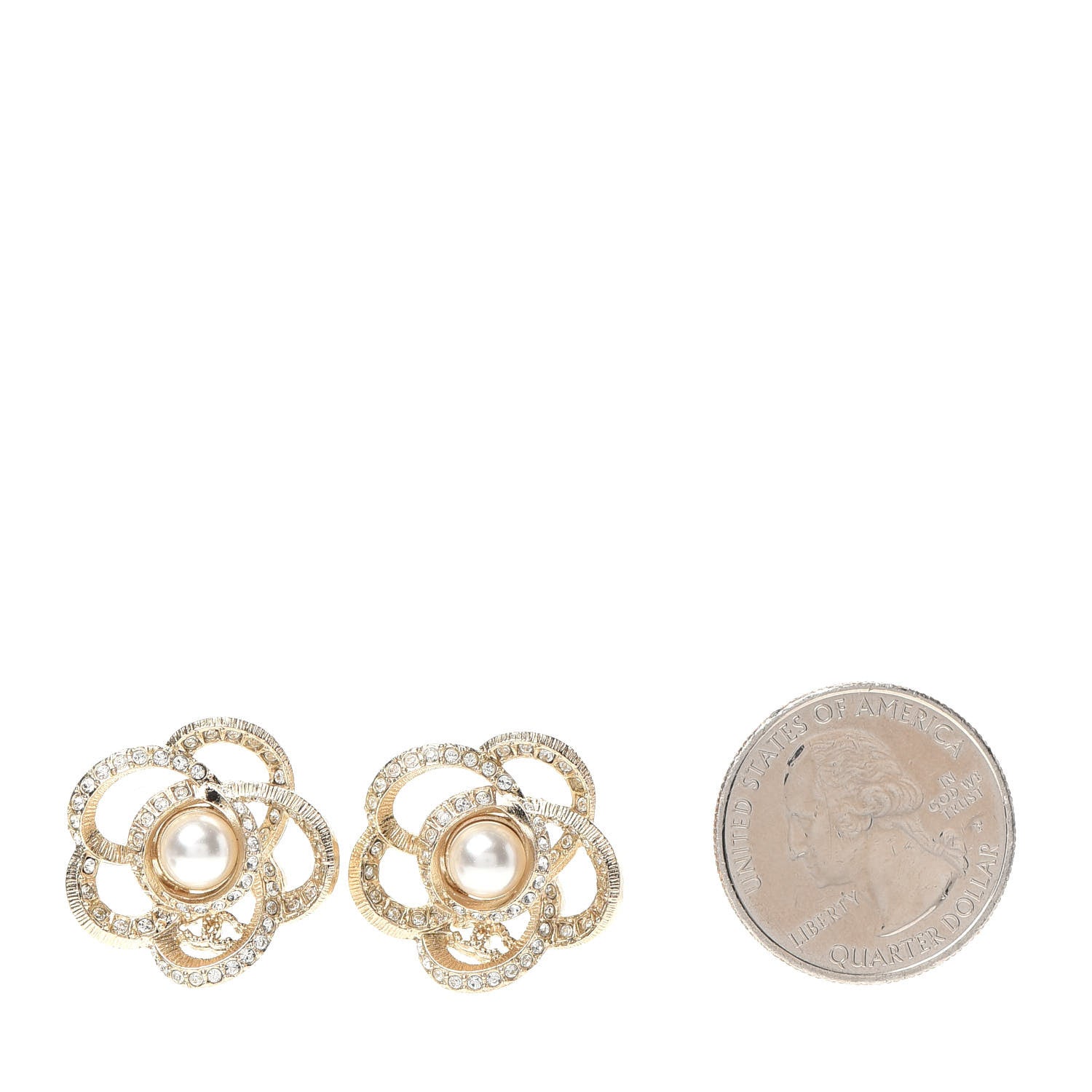 Chanel Crystal Pearl Camellia Earrings Gold 2 of 5