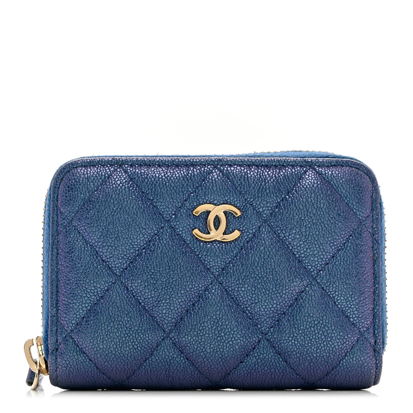 Iridescent Caviar Quilted Zip Coin Purse Dark Blue