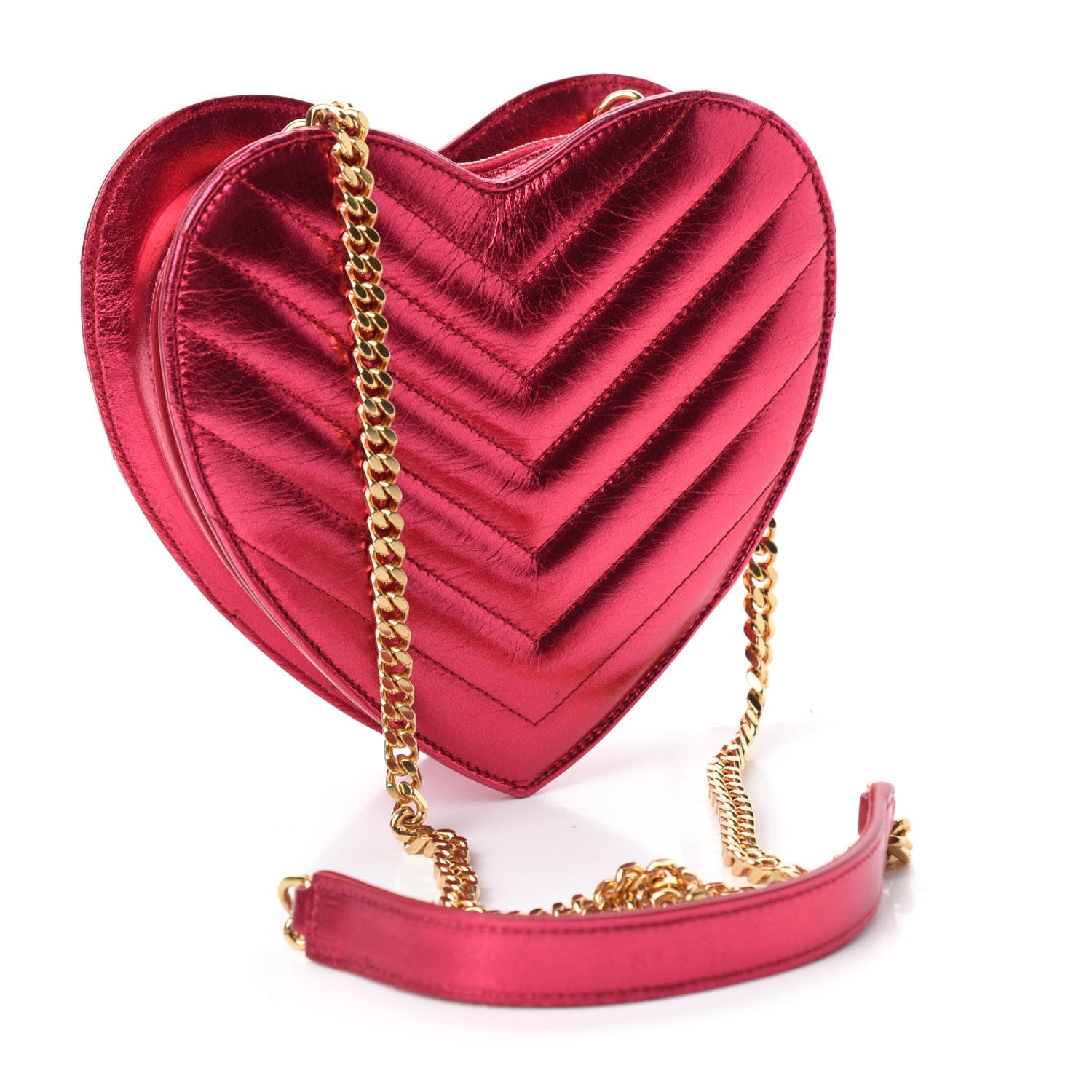 Saint Laurent Metallic Calfskin Matelasse Chevron Monogram Small Love Heart Chain Bag Red 3 of 10