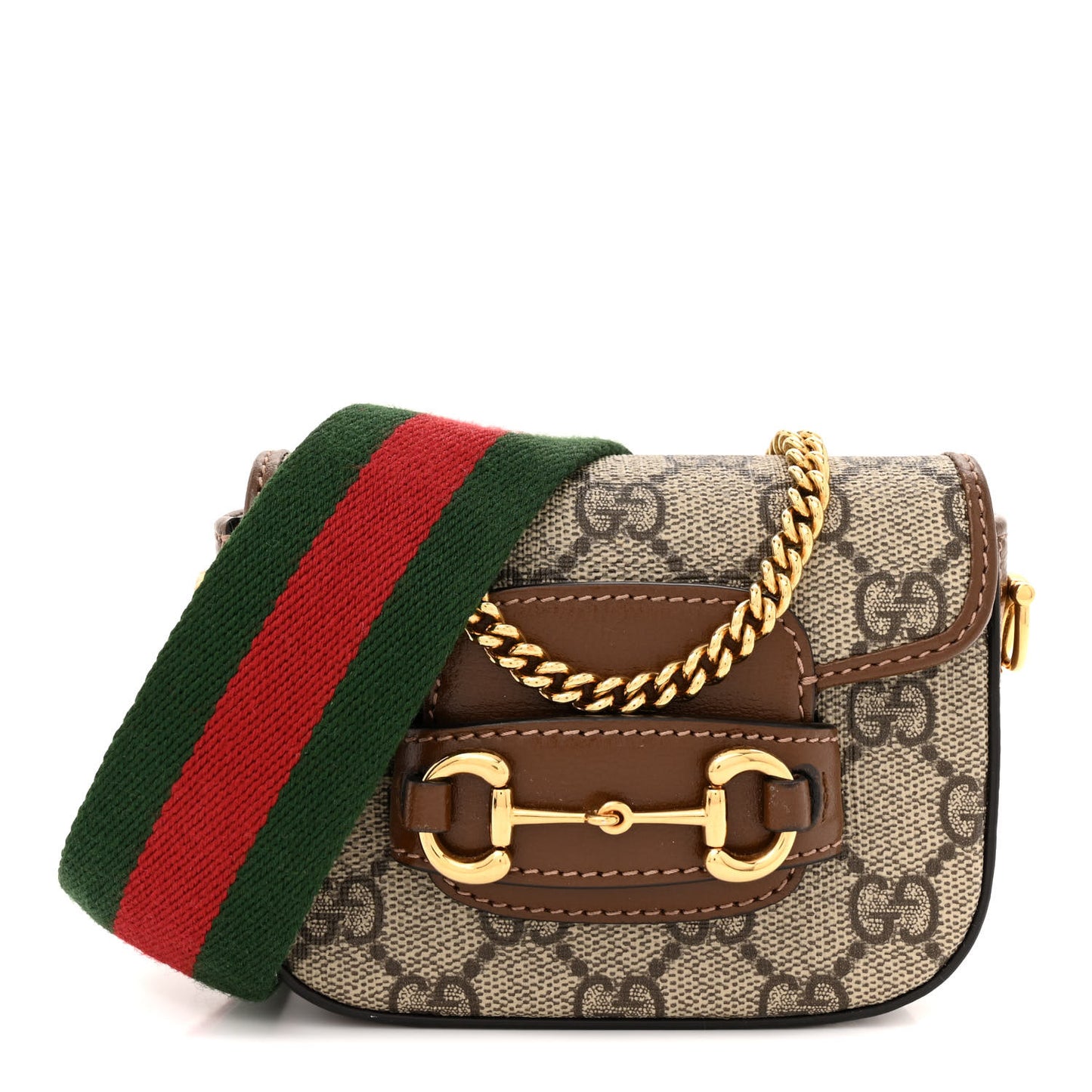 GG Supreme Monogram Azalea Calfskin Web Horsebit 1955 Wallet On Strap Beige Ebony Brown Sugar
