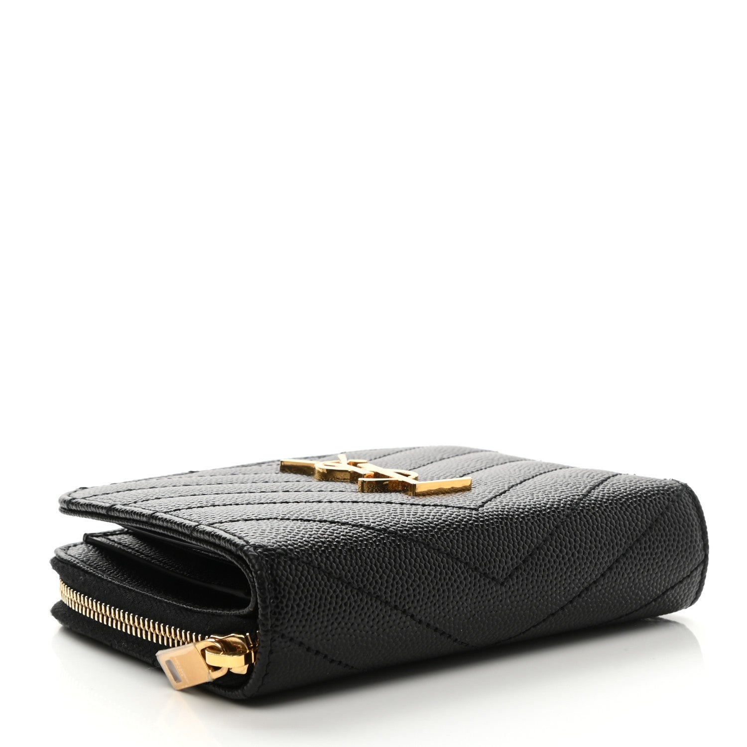 Saint Laurent Grain De Poudre Matelasse Chevron Monogram Compact Zip Around Wallet Black 3 of 8