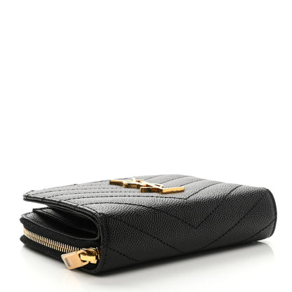 Saint Laurent Grain De Poudre Matelasse Chevron Monogram Compact Zip Around Wallet Black 3 of 8