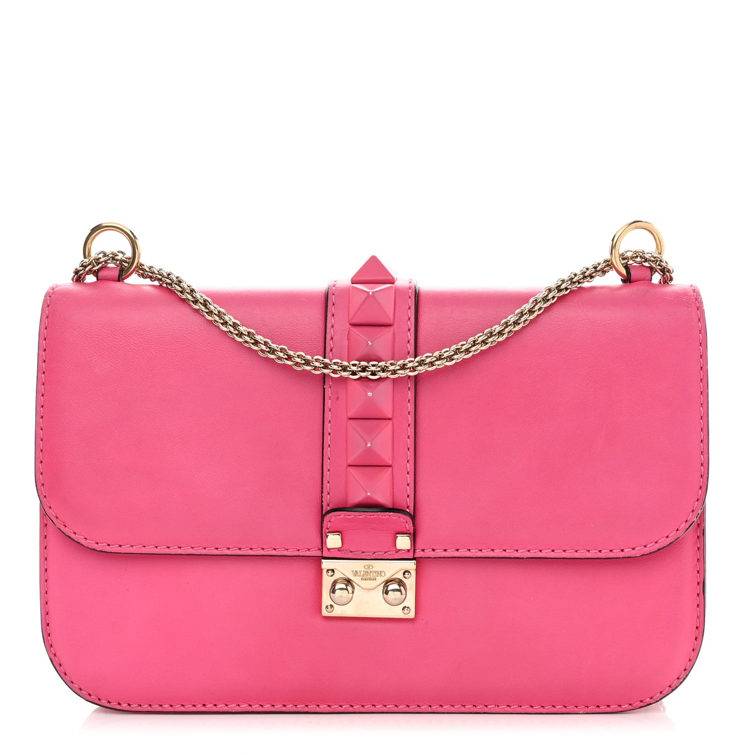 Valentino Garavani Vitello Medium Glam Lock Rockstud Flap Fuxia Fluo 1 of 10