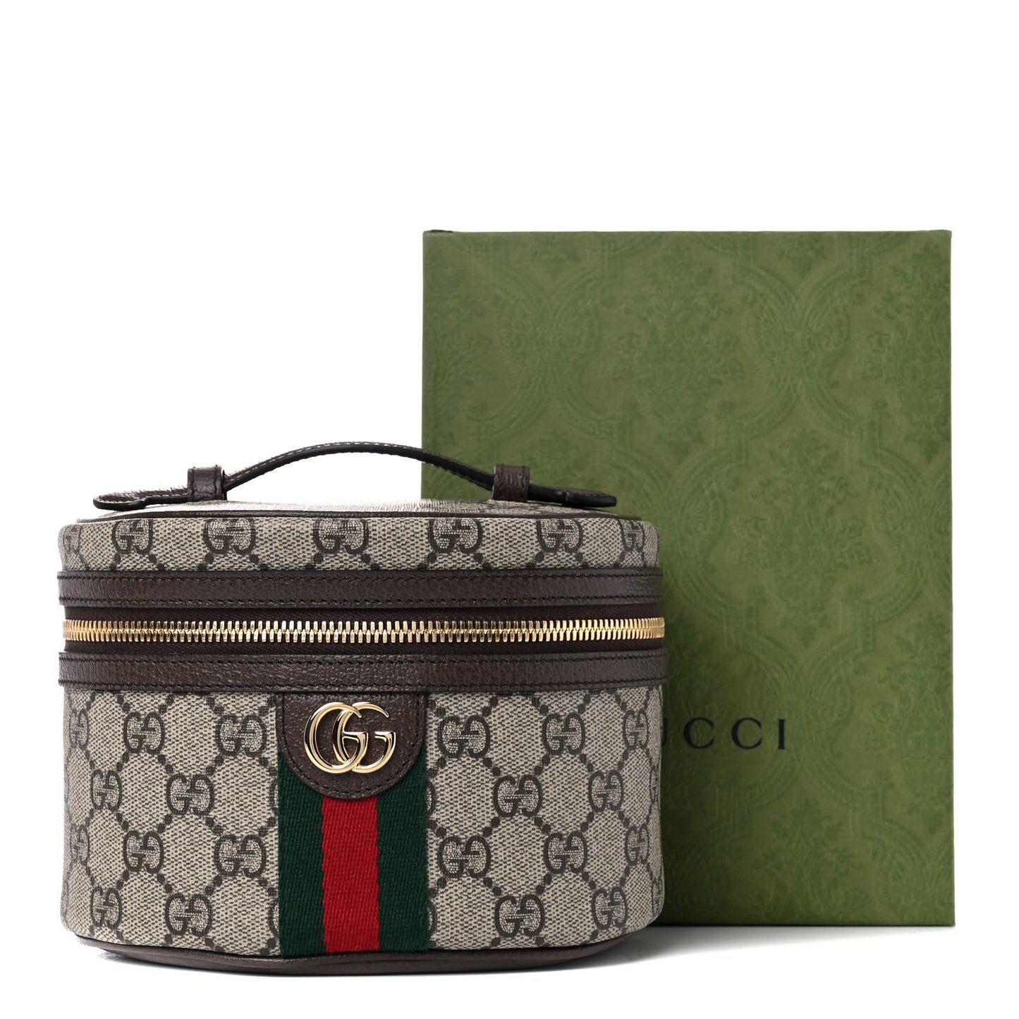 GG Supreme Monogram Textured Calfskin Web Ophidia Vanity Cosmetic Case Beige Ebony New Acero