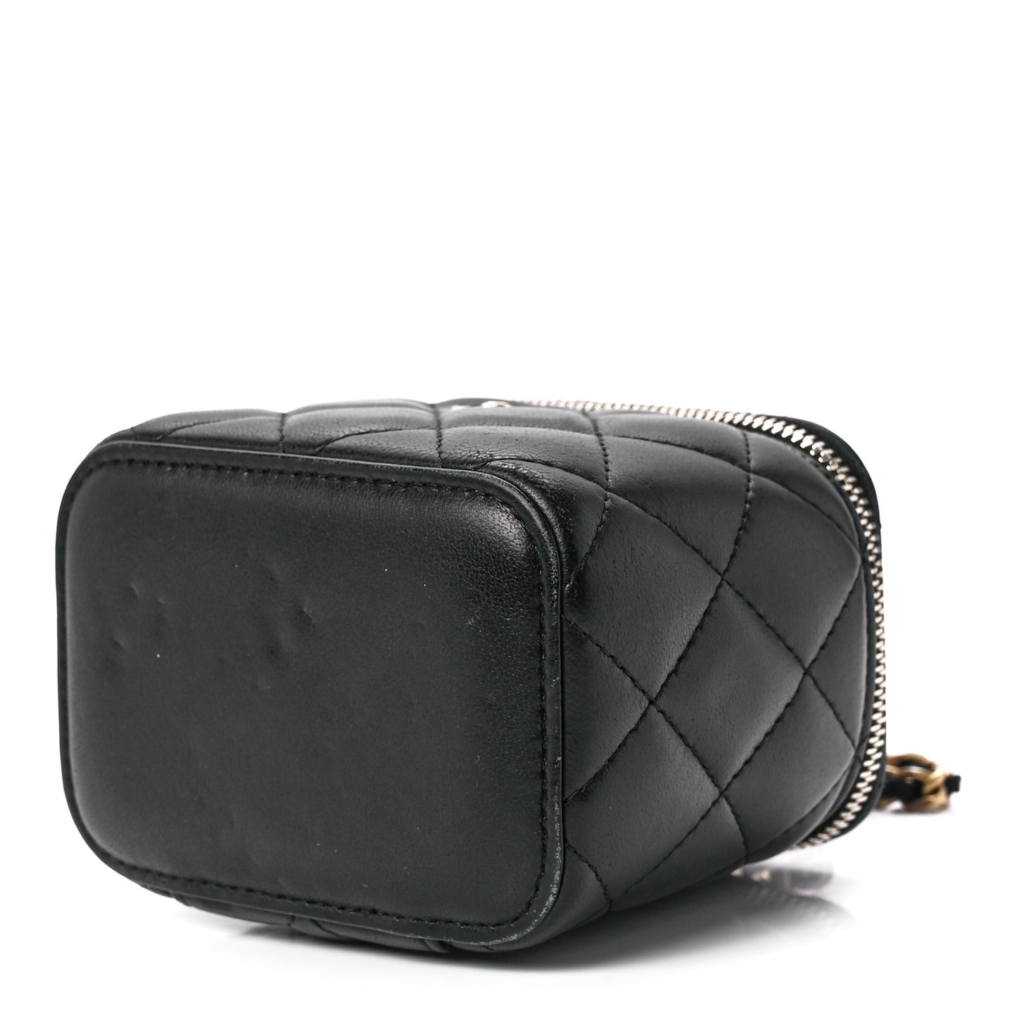 Lambskin Quilted Mini Pearl Crush Vanity Case With Chain Black