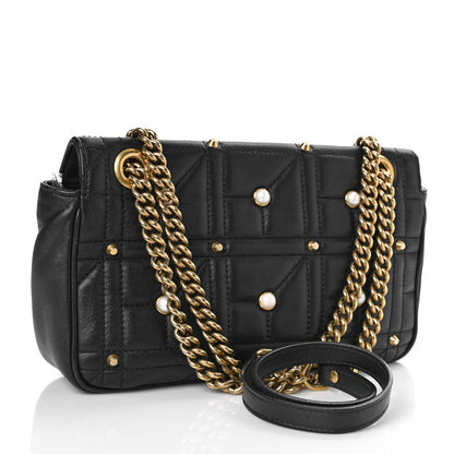 Gucci Calfskin Matelasse Studded Small Pearly GG Marmont Shoulder Bag Black 3 of 14