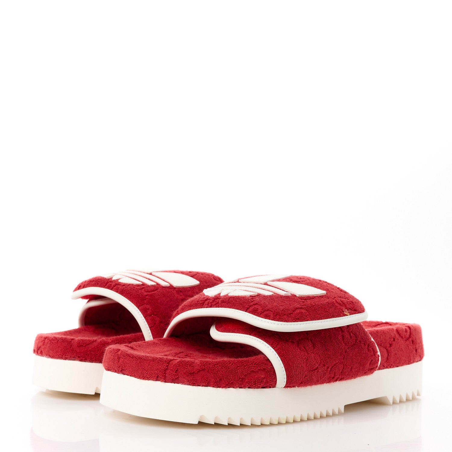 Gucci X ADIDAS Terry Cloth Trefoil GG Monogram Mens Platform Sandals 9 Maple Red Off White 3 of 9