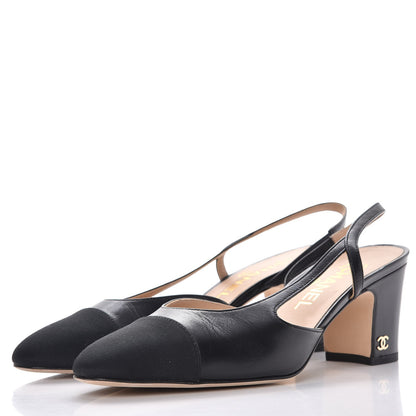 Chanel Lambskin Grosgrain Cap Toe CC Slingback Pumps 37.5 Black 3 of 11