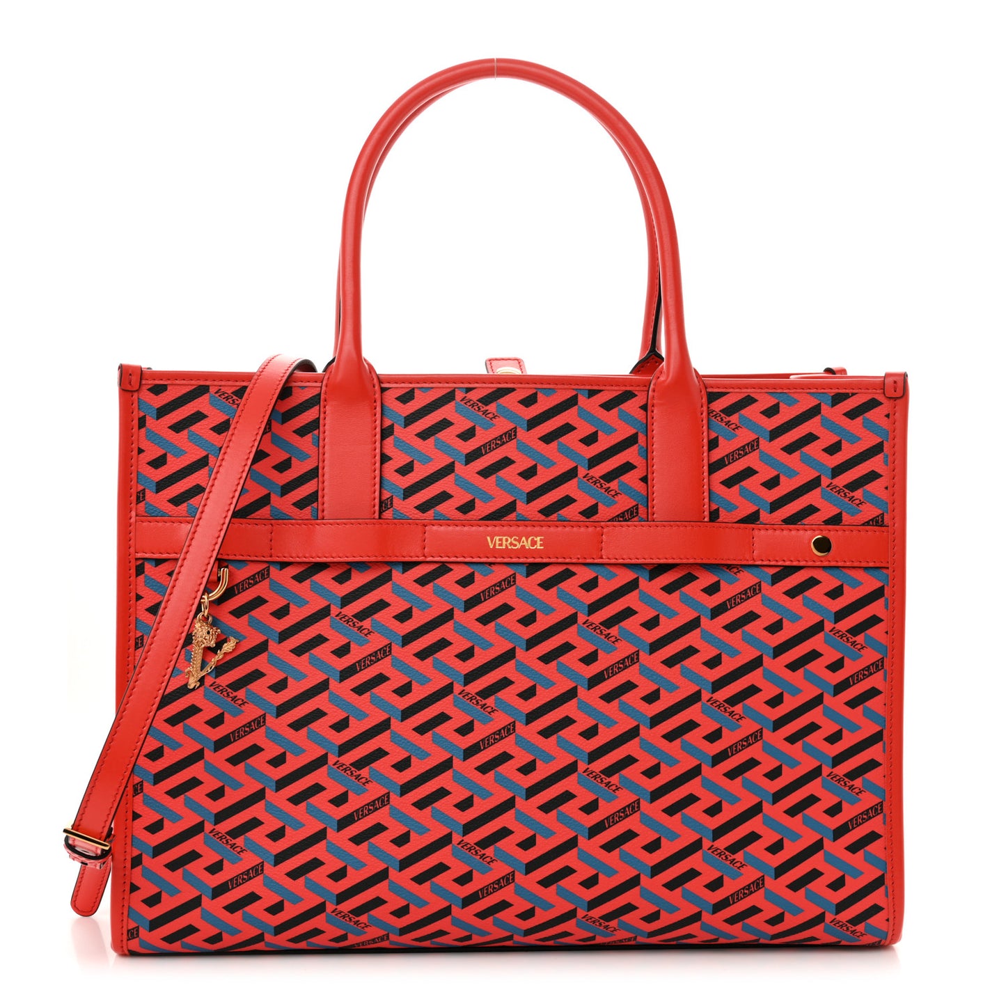 Coated Canvas Calfskin La Greca Signature Tote Bag Blue Red