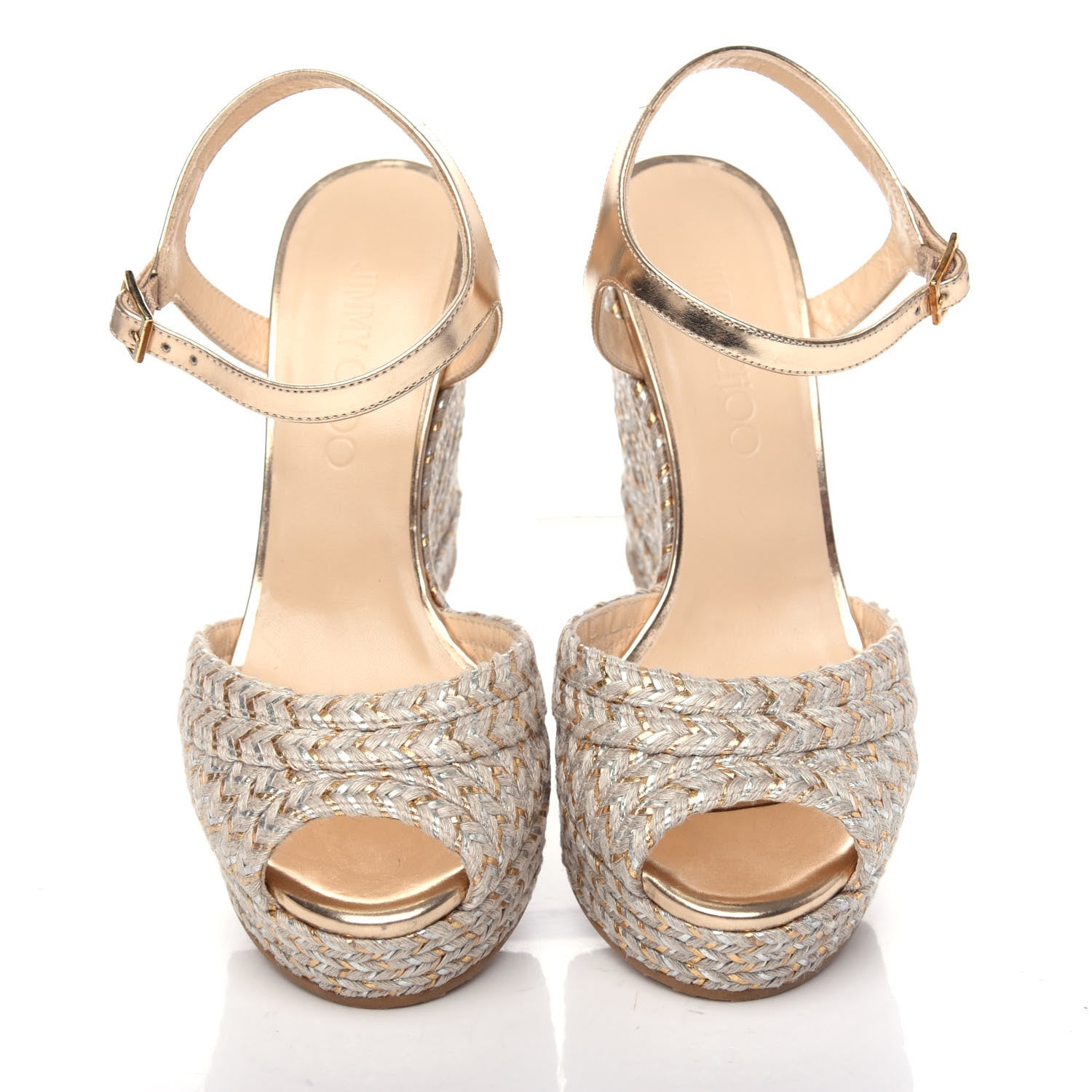 Jimmy Choo Metallic Raffia 120 Wedge Sandals 36 Gold 5 of 10