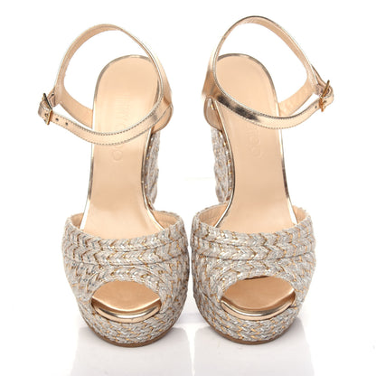 Jimmy Choo Metallic Raffia 120 Wedge Sandals 36 Gold 5 of 10