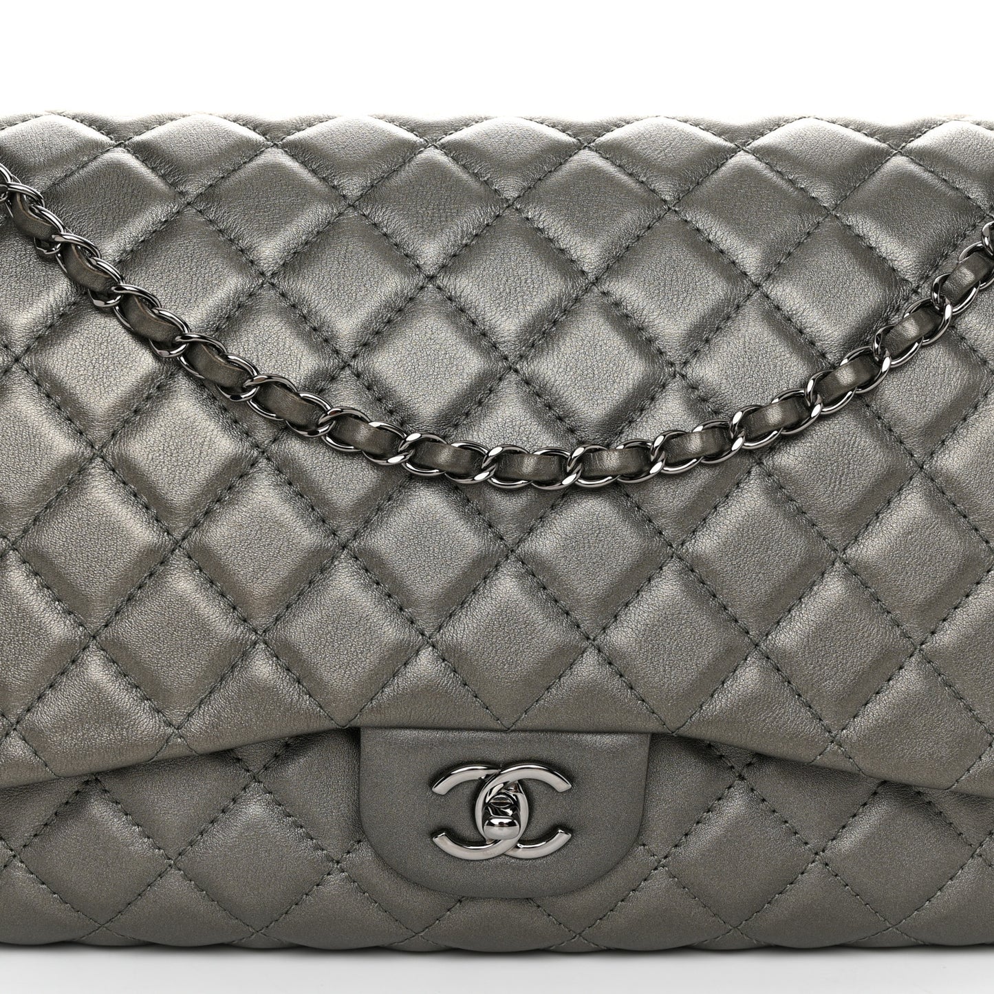 Metallic Calfskin Quilted Small XXL Travel Flap Bag Dark Silver
