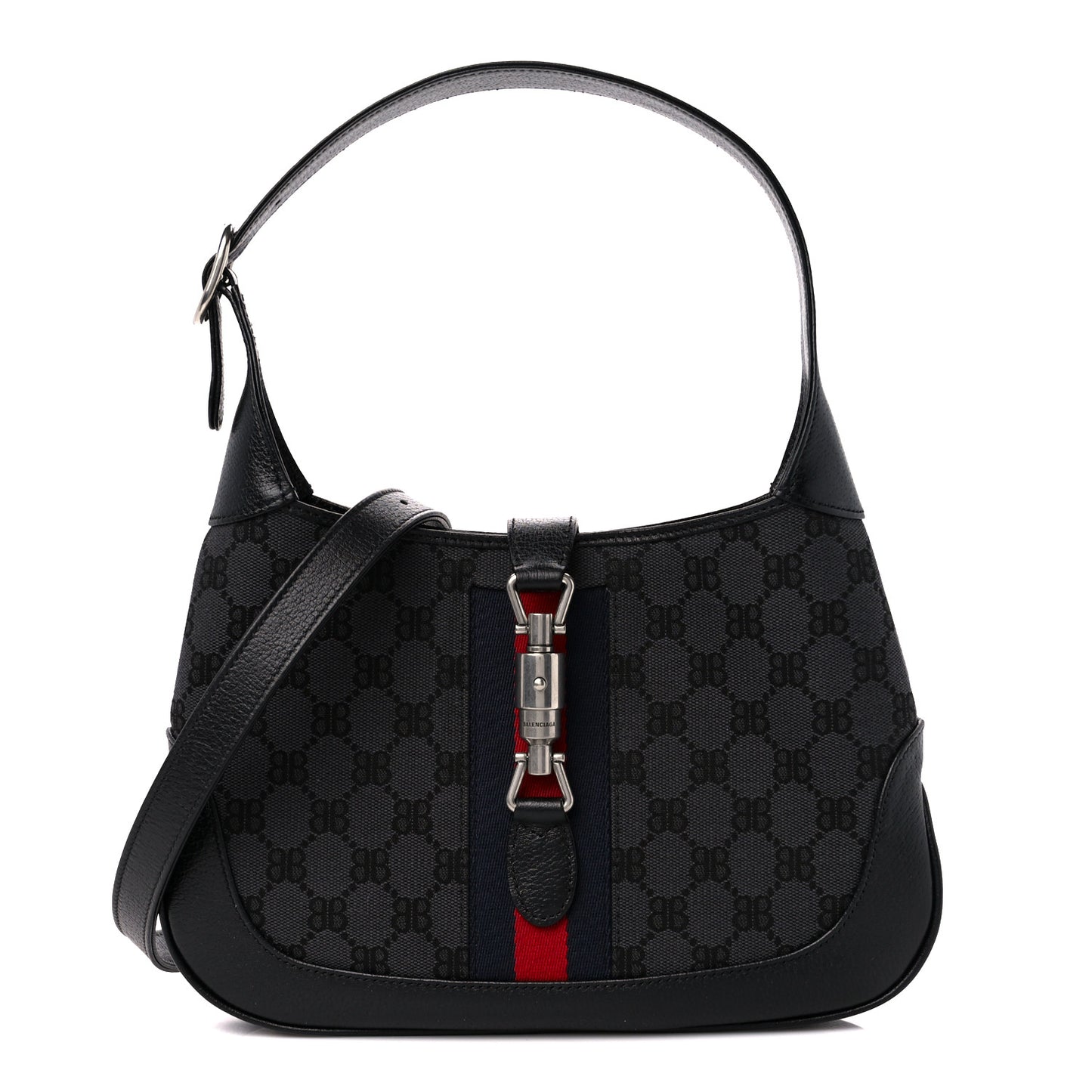 X BALENCIAGA BB Monogram Calfskin Web Small Jackie 1961 Hobo Black