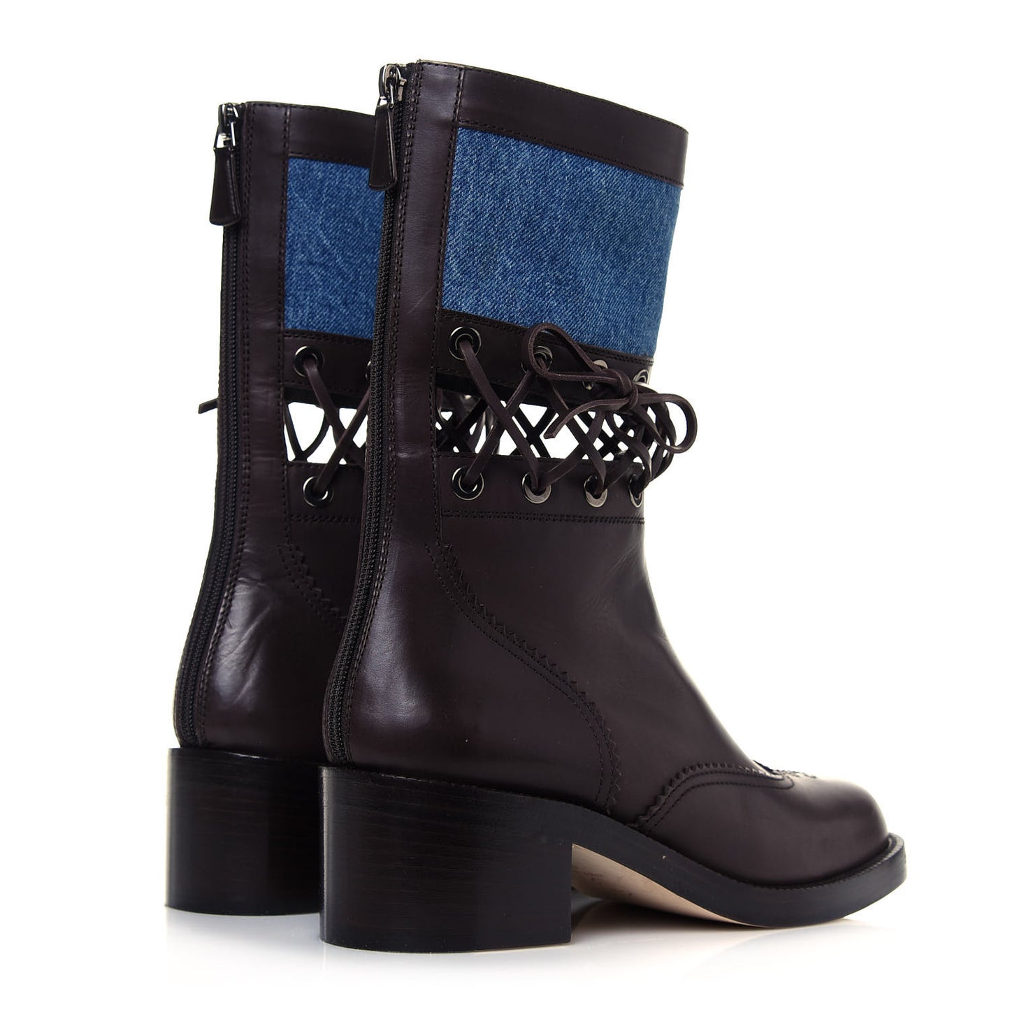 Denim Calfskin Lace Up Short Boots 41 Light Blue Brown