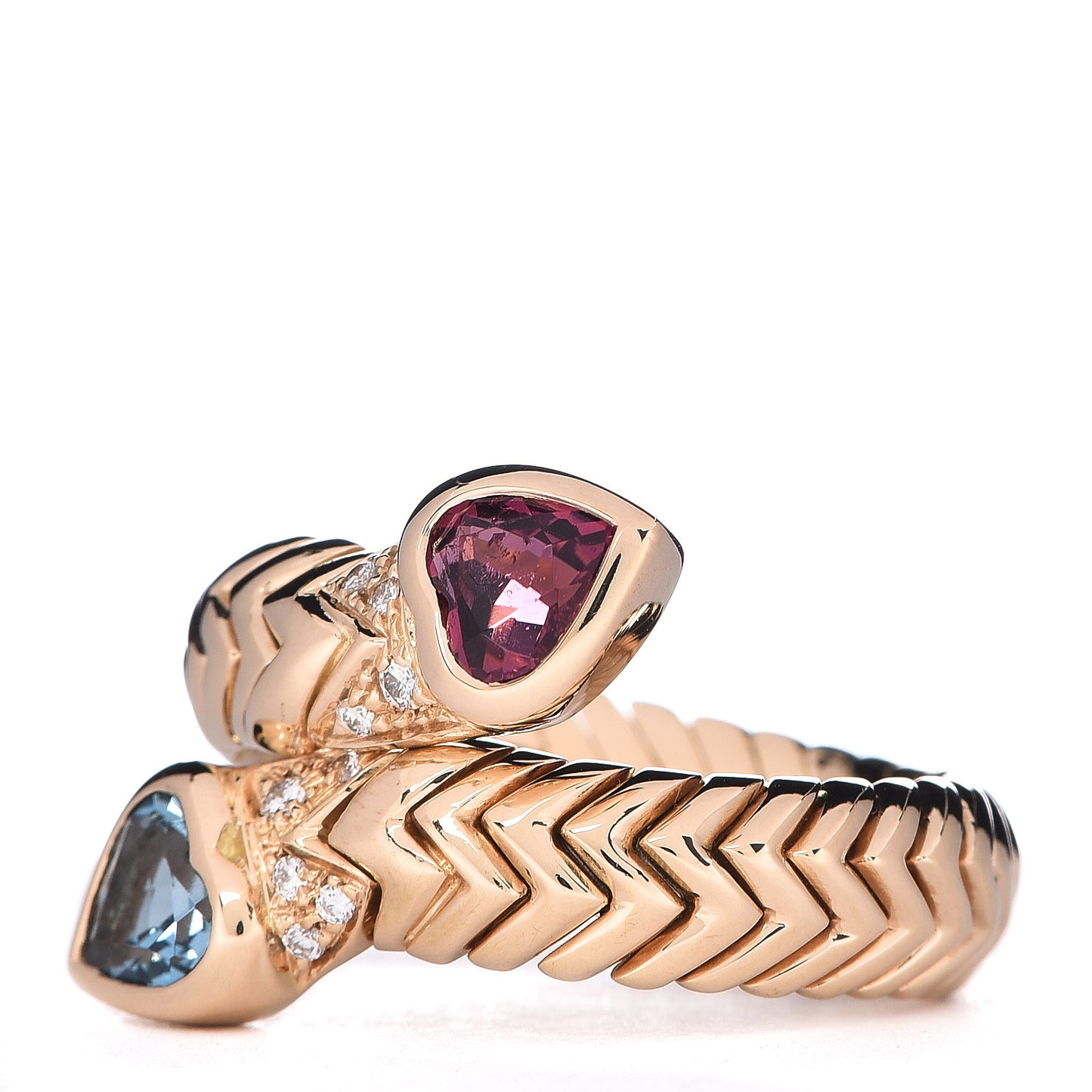 18K Yellow Gold Pink Tourmaline Blue Topaz Diamond Heart Bypass Ring 54 6.75