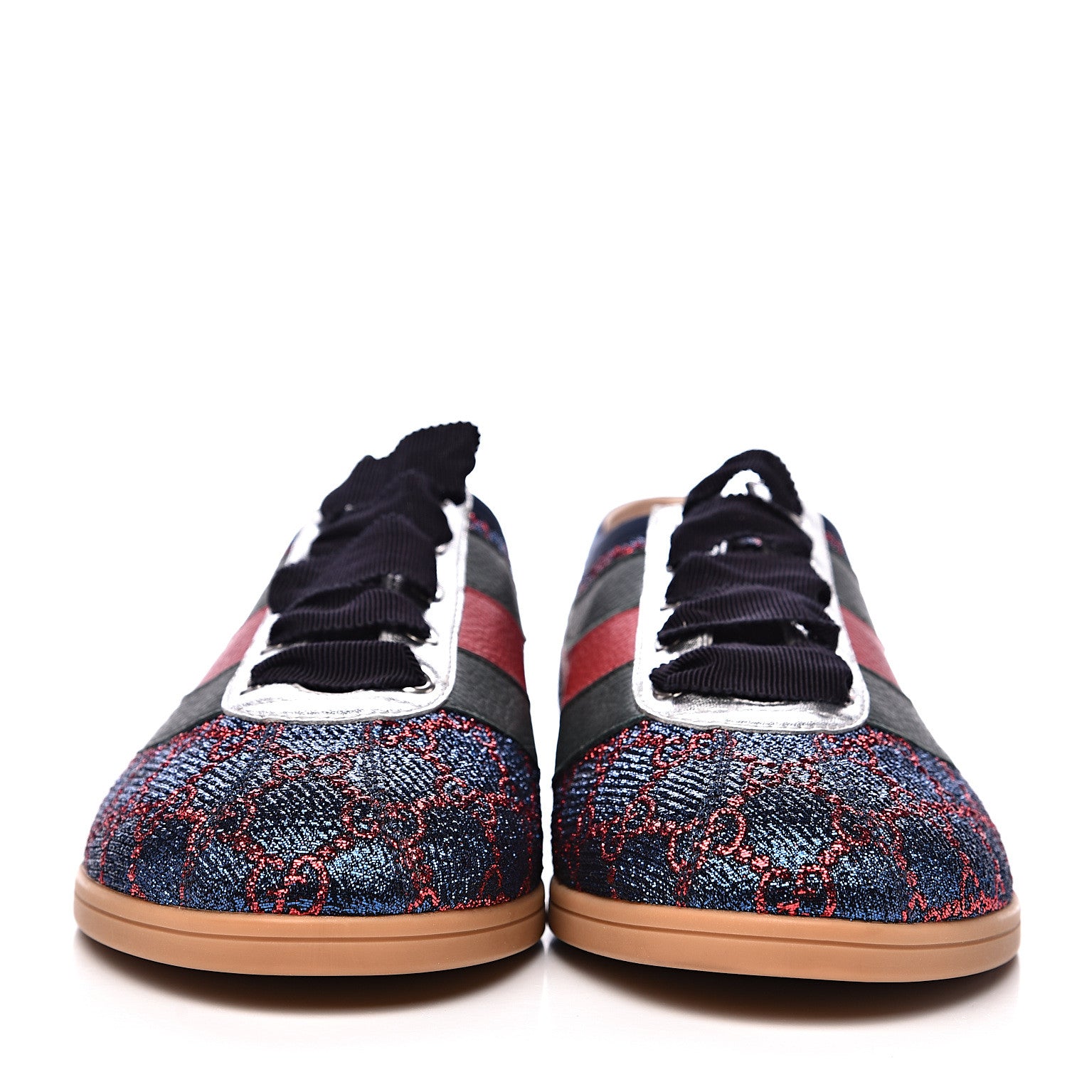 Gucci Lurex Calfskin Web GG Monogram Womens Falacer Sneakers 41 Iridescent Blue Iridescent Red Silver 2 of 9