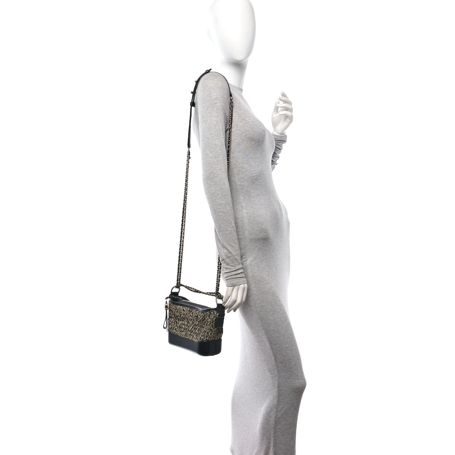 Chanel Tweed Calfskin Quilted Small Gabrielle Hobo Black Gold 2 of 14