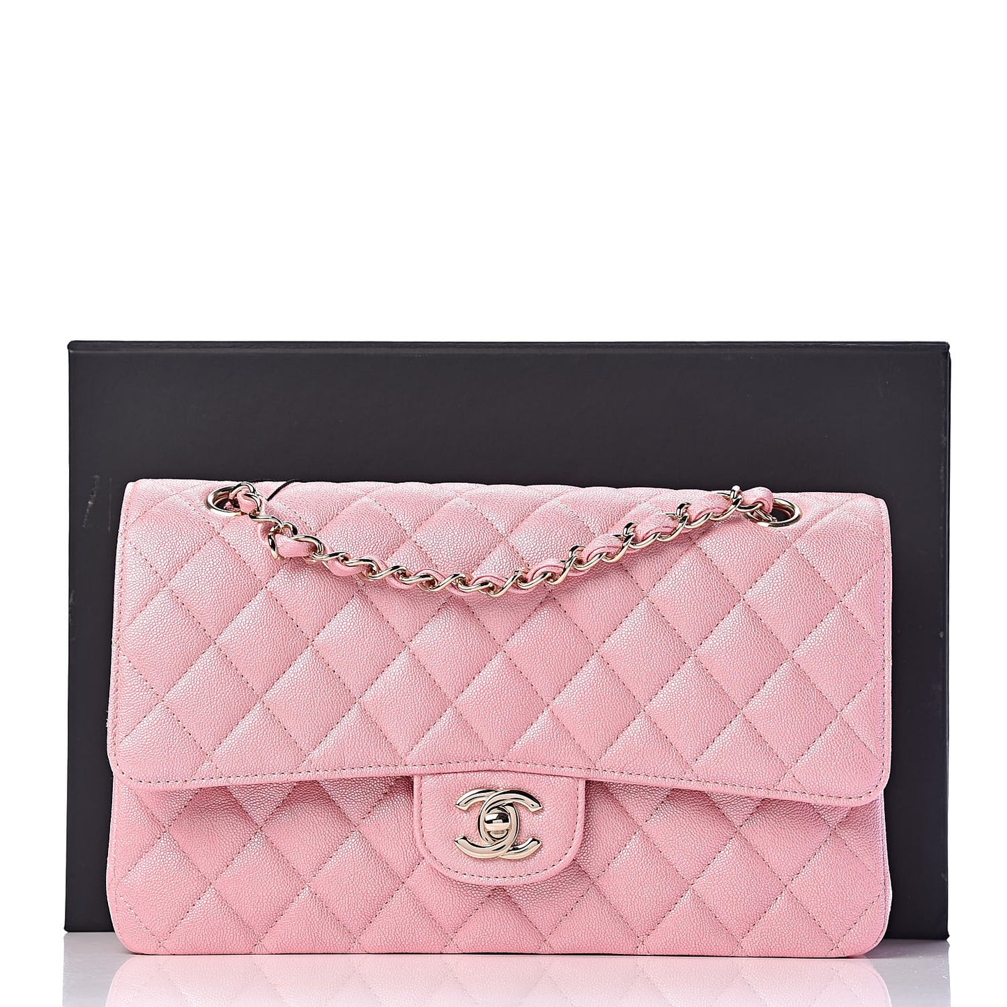 Iridescent Caviar Quilted Medium Double Flap Rose Pink