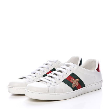 Gucci Miro Soft Calfskin Laminated Ayers Web Bee Embroidered Mens Ace Sneakers 8 White Red Flame Green 3 of 14