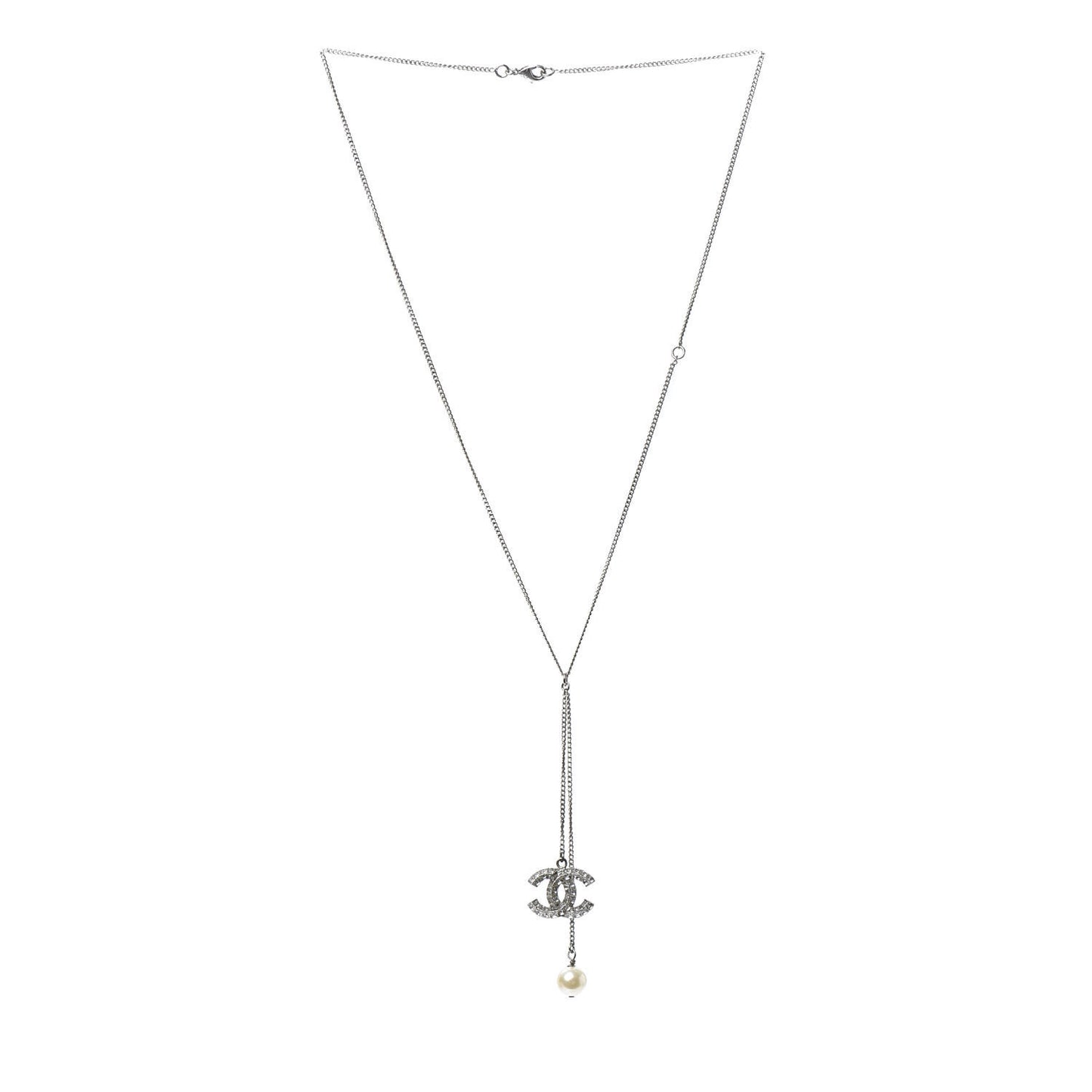 Baguette Crystal Pearl CC Lariat Necklace Silver