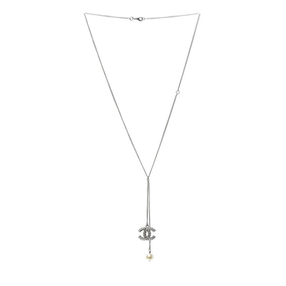 Chanel Baguette Crystal Pearl CC Lariat Necklace Silver 3 of 4
