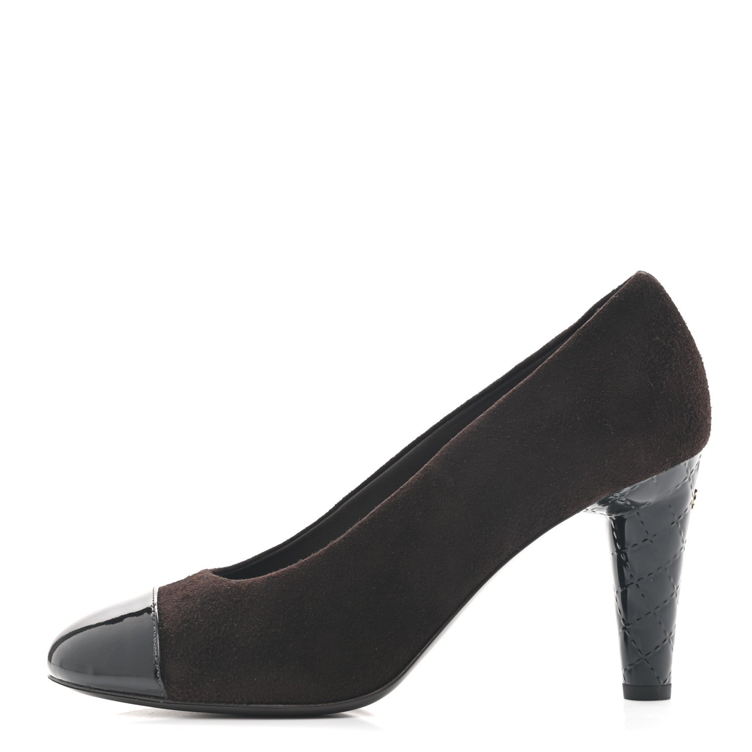 Chanel Kid Suede Patent Calfskin Cap Toe CC Pumps 38 Brown Black 1 of 8