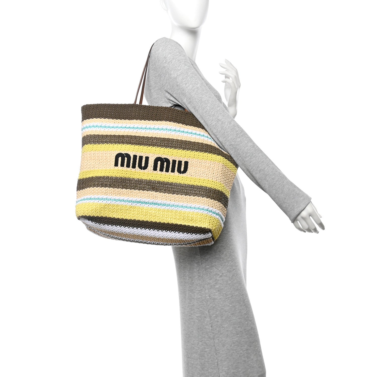 Miu Miu Raffia Crochet Stripe Tote Bag Tundra Limone 2 of 10