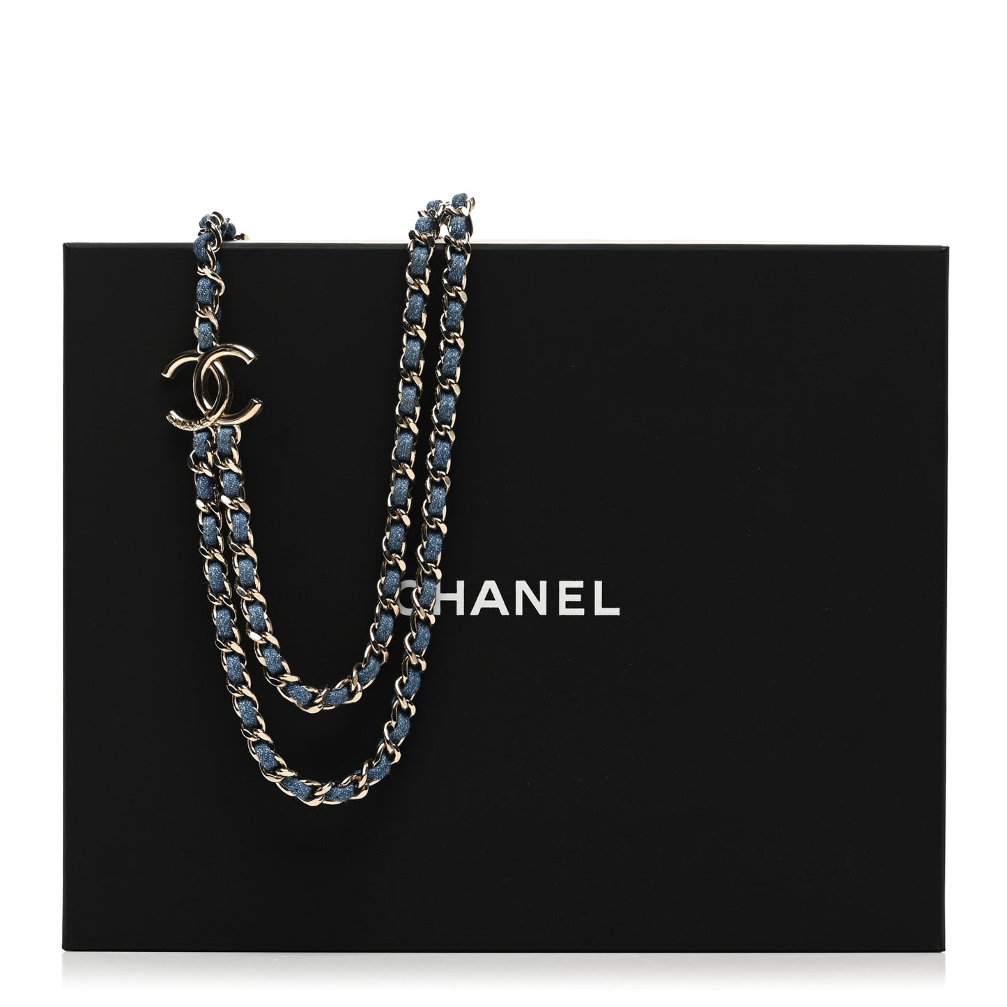 Metal Denim CC Double Chain Necklace Blue Gold