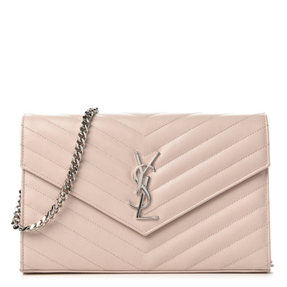Saint Laurent Grain De Poudre Matelasse Chevron Monogram Chain Wallet Washed Light Pink 1 of 9