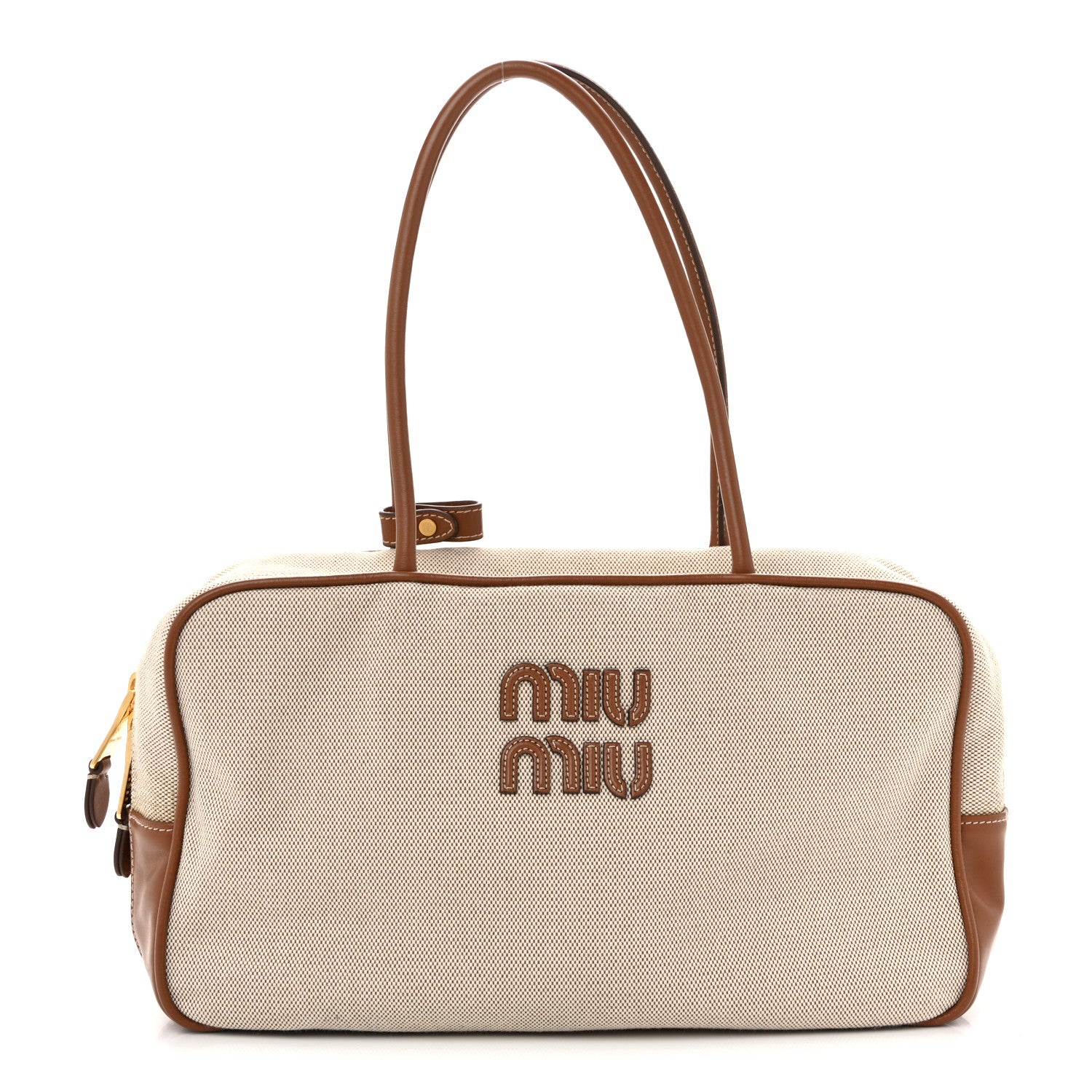 Miu Miu Canvas Calfskin Large Beau Top Handle Bag Naturale Brandy 1 of 10