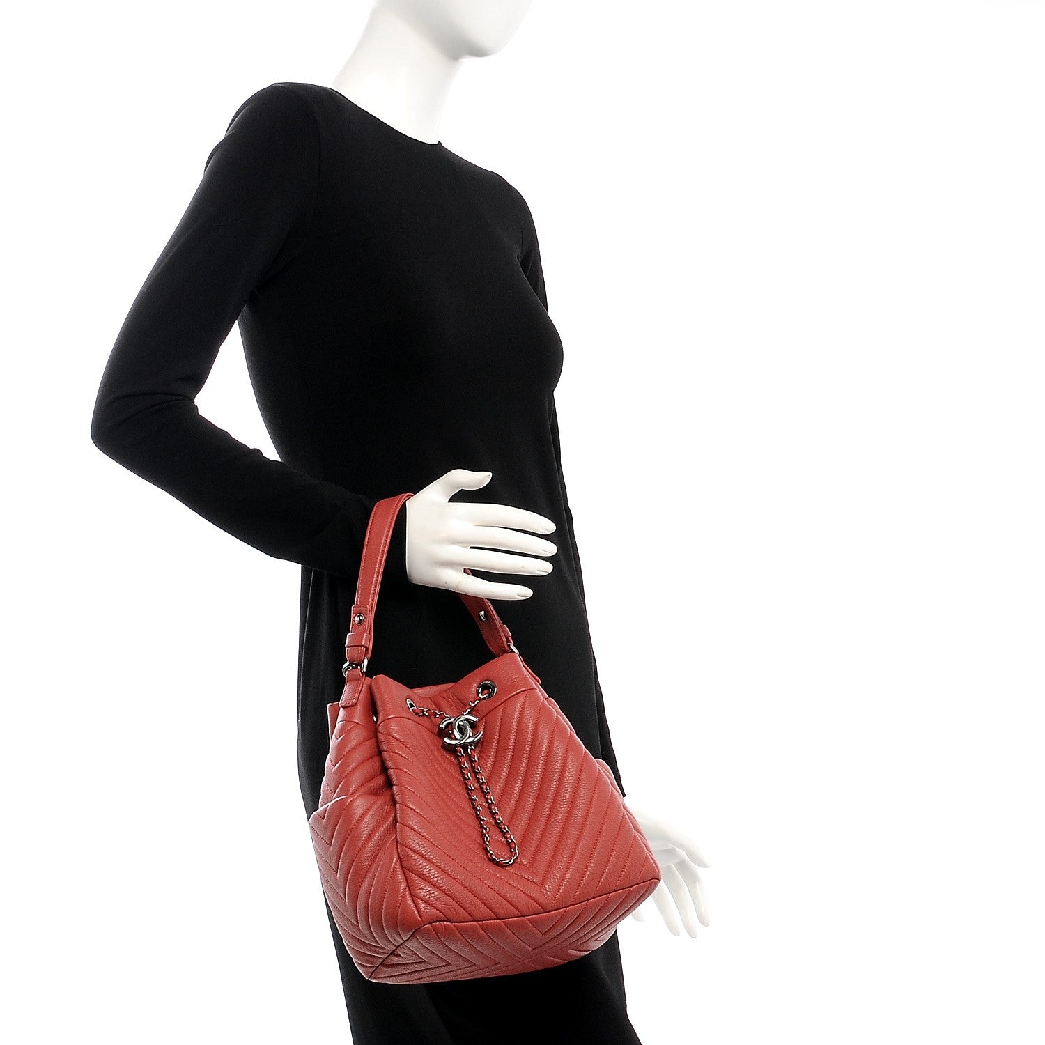 Chanel Deerskin Chevron Medium Chain Bucket Bag Coral 2 of 9