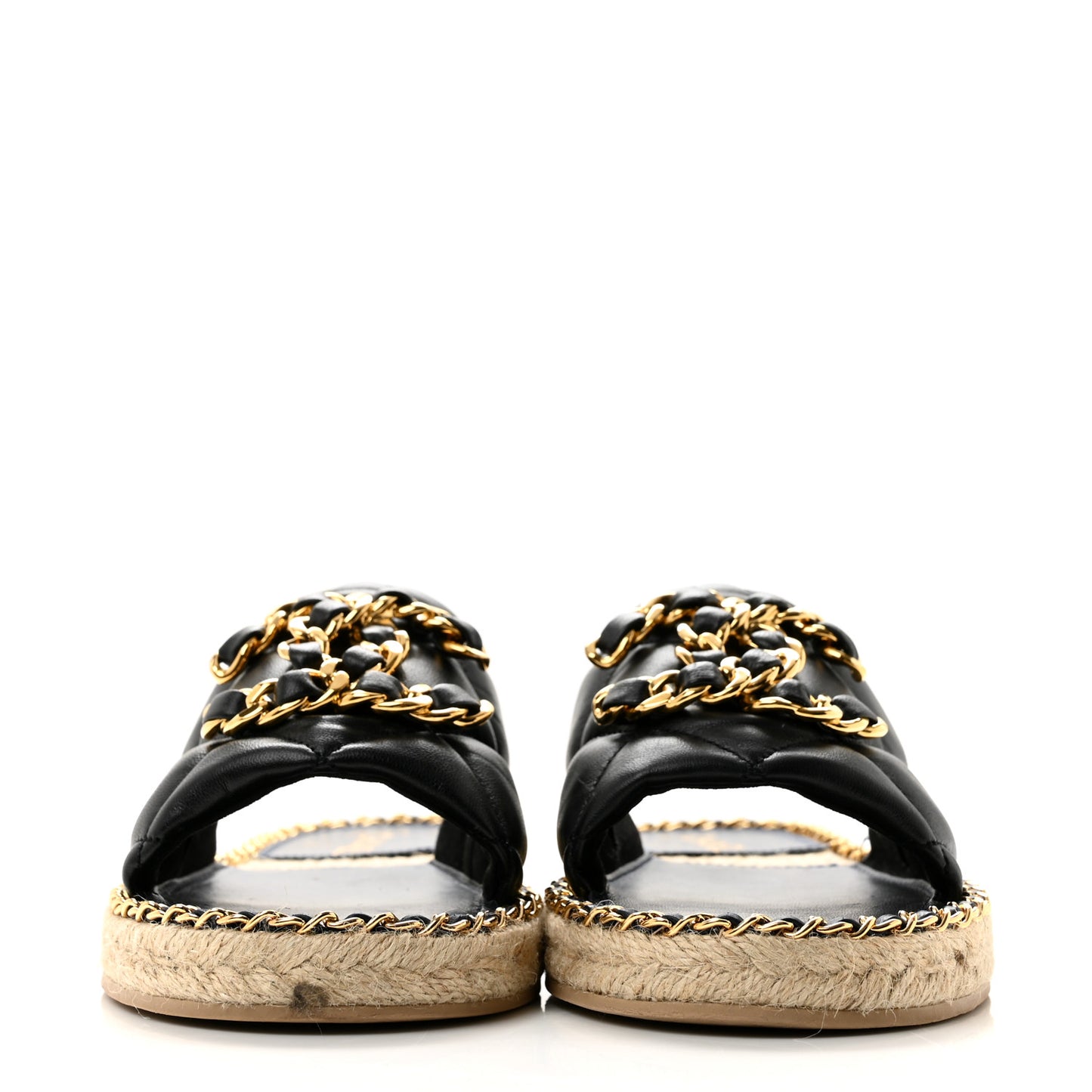 Lambskin Quilted CC Chain Espadrille Mules 38 Black Navy