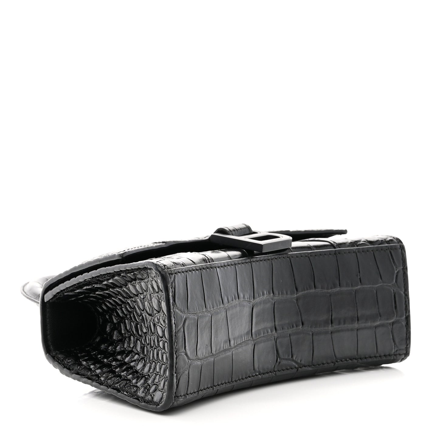 Shiny Calfskin Monochrome Crocodile Embossed Hourglass Top Handle Bag XS Black