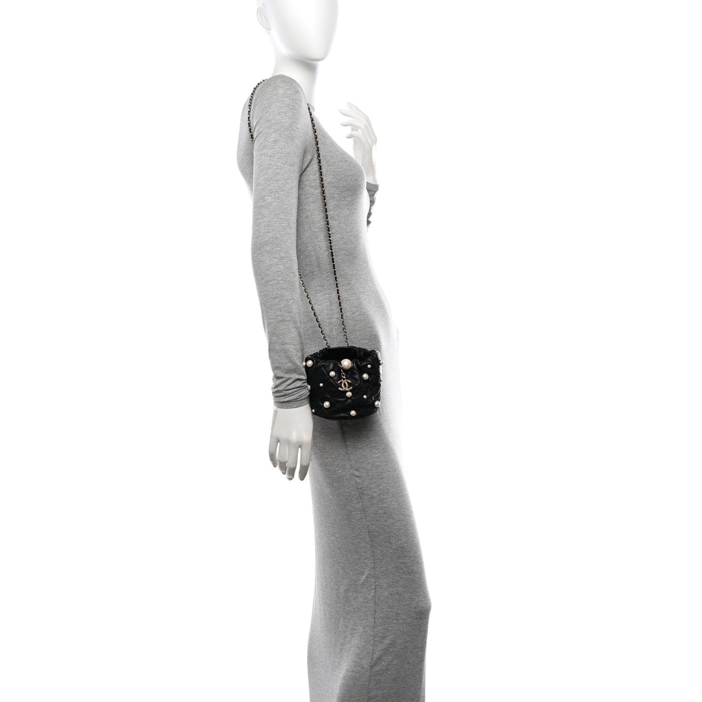 Lambskin Quilted Pearl Mini About Pearls Drawstring Bag Black