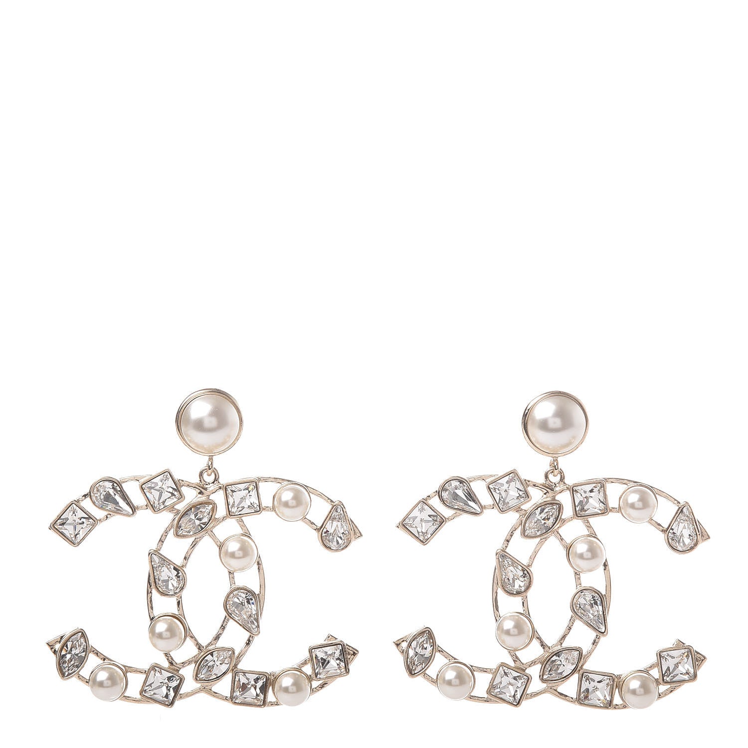 Chanel Metal Glass Pearl CC Crystal Snowfall CC Drop Earrings Light Gold 1 of 6